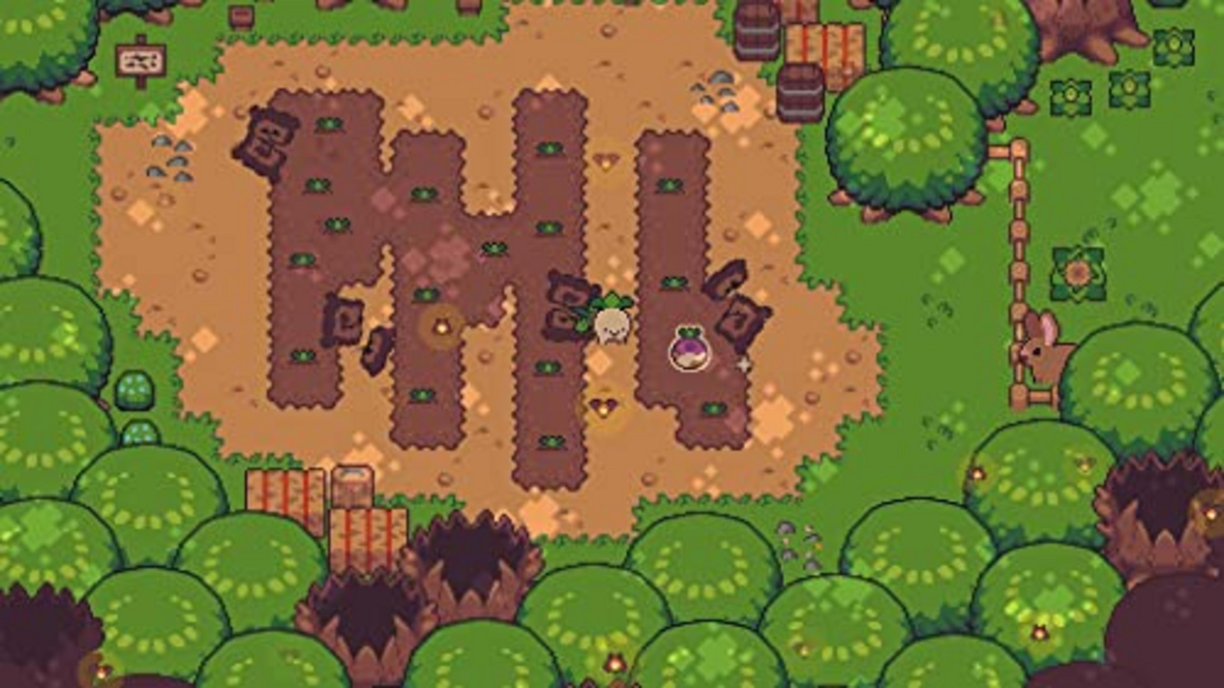 Scena agricola pixelata con una creatura bianca su terreno marrone.
