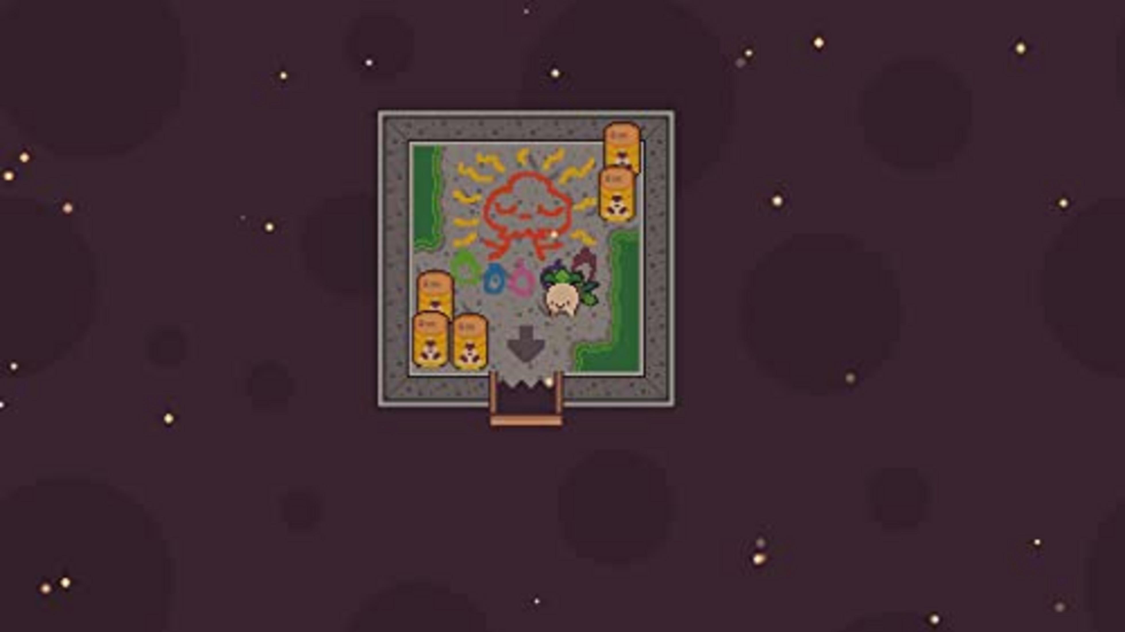 Un simpatico personaggio pixel si trova in una stanza con un volto disegnato e barili gialli.
