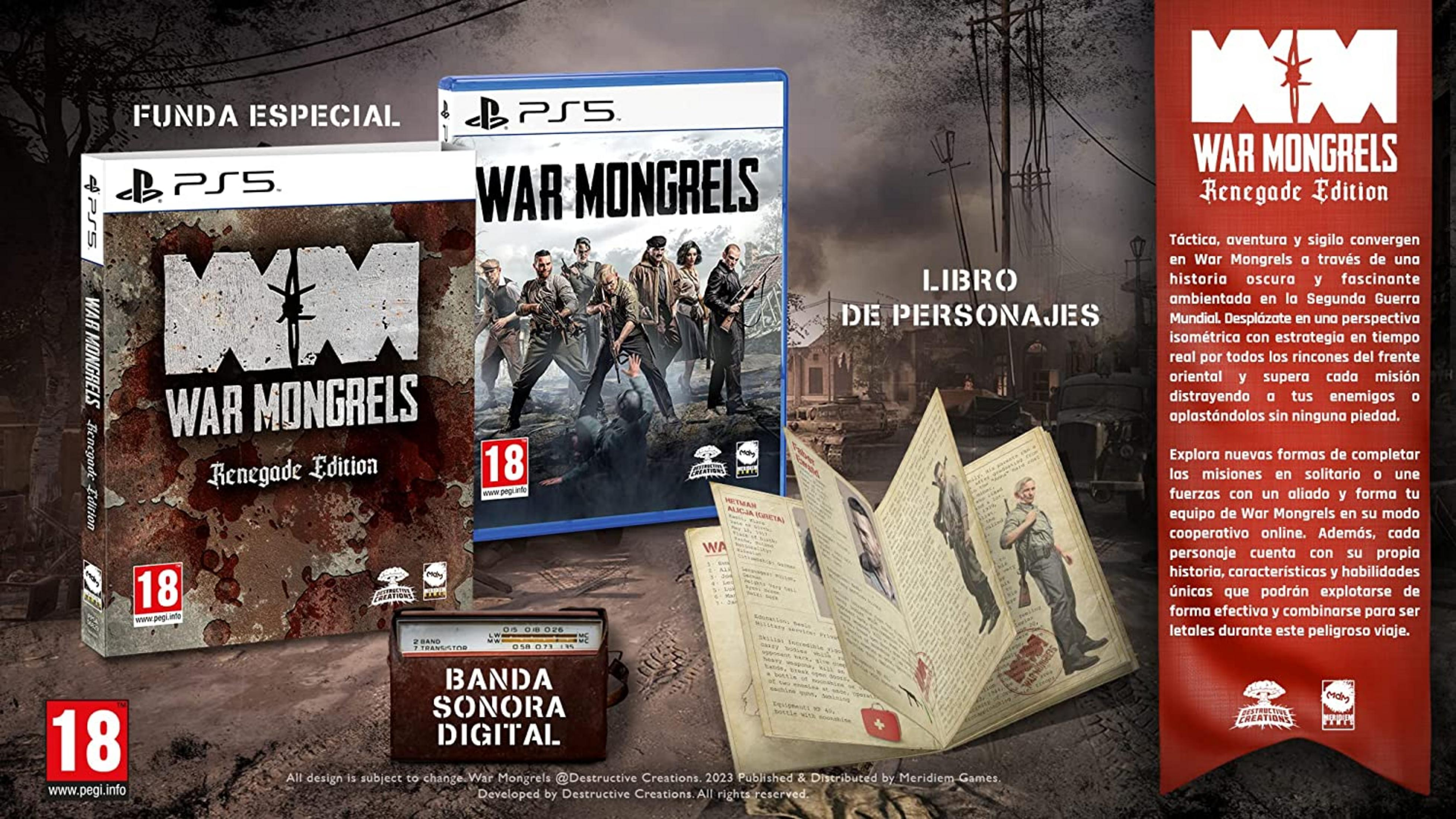 Gra PS5 "War Mongrels" ze specjalną okładką, książką postaci i ścieżką dźwiękową.