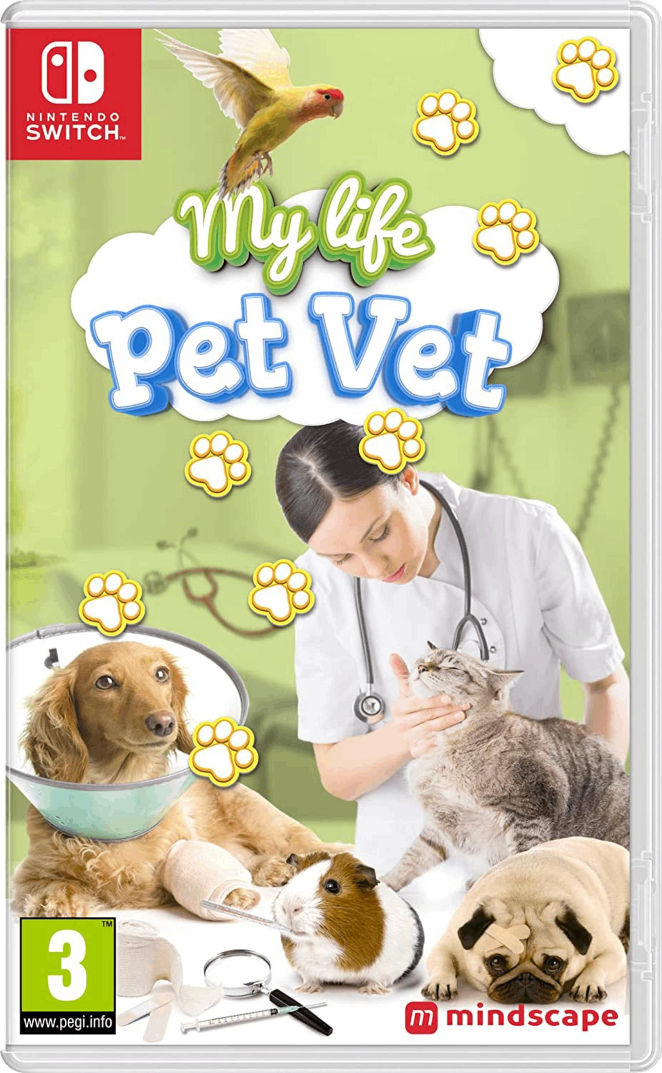 Veterinario esamina gatto, cane con collare, porcellino d'India, carlino.