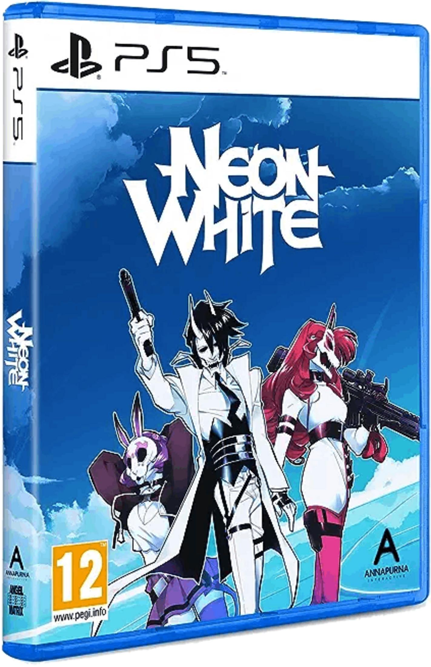 Portada del juego Neon White para PS5 con personajes y cielo azul.
