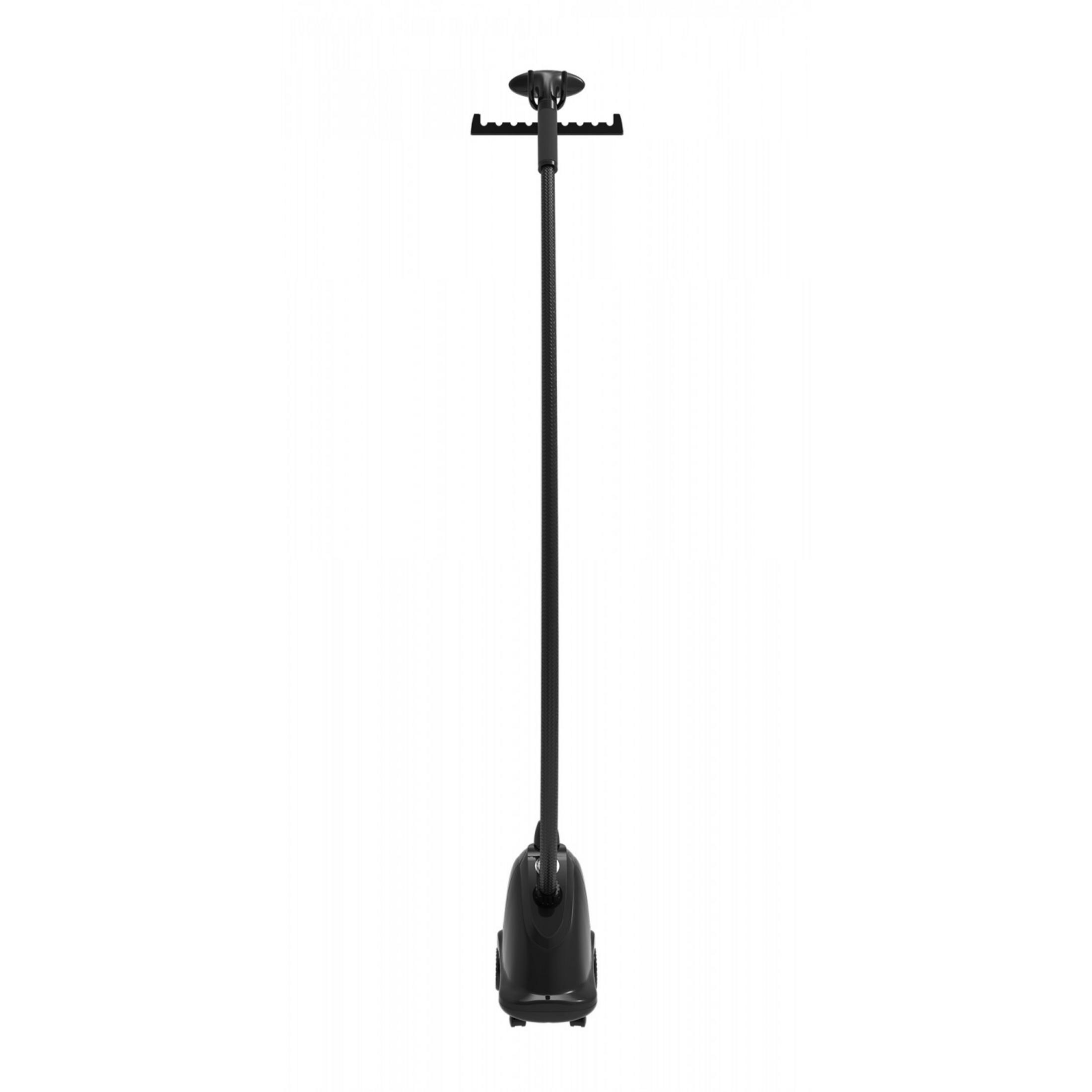 Un vaporizzatore per abiti nero con supporto e appendiabiti.