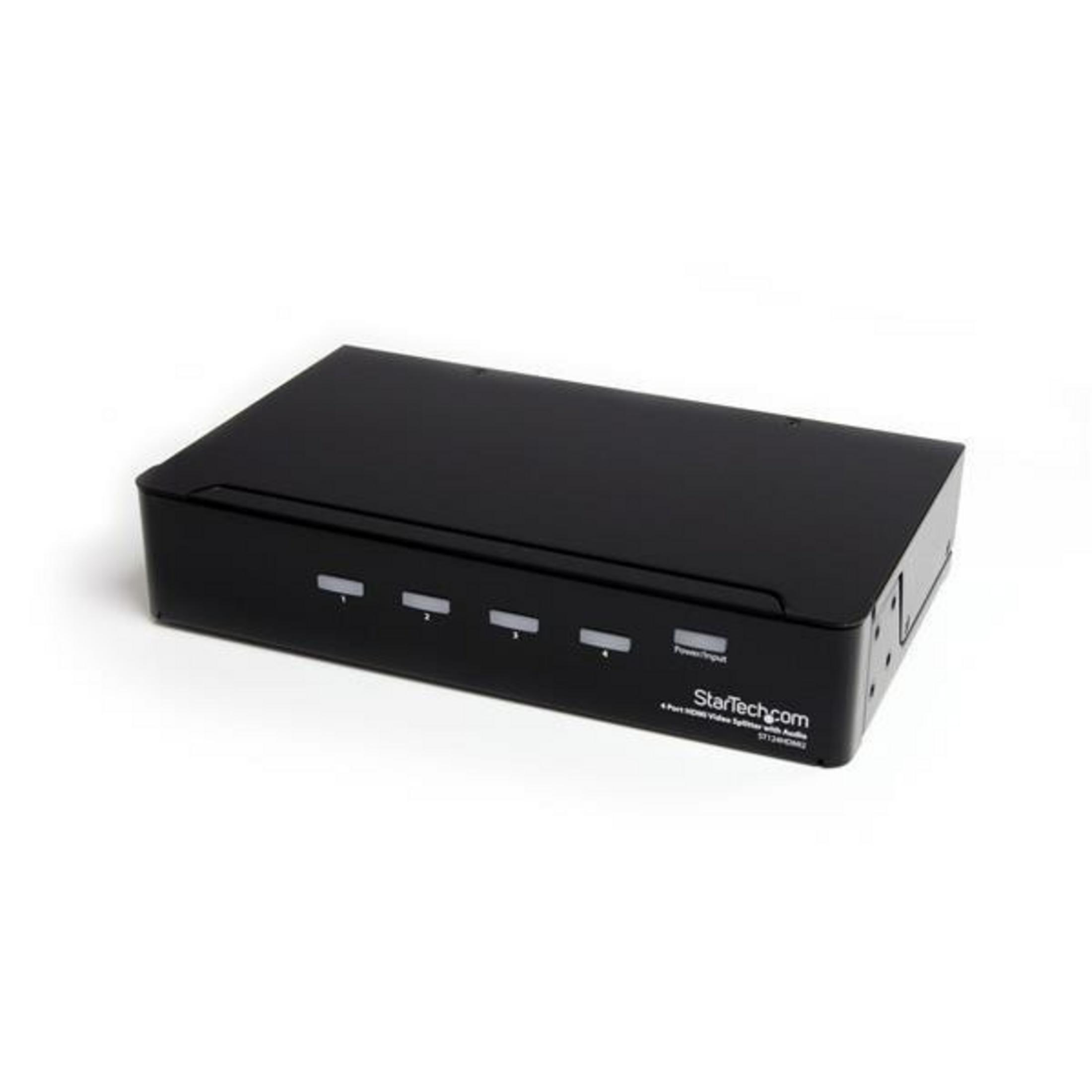 Un divisor HDMI StarTech.com negro de 4 puertos con audio.