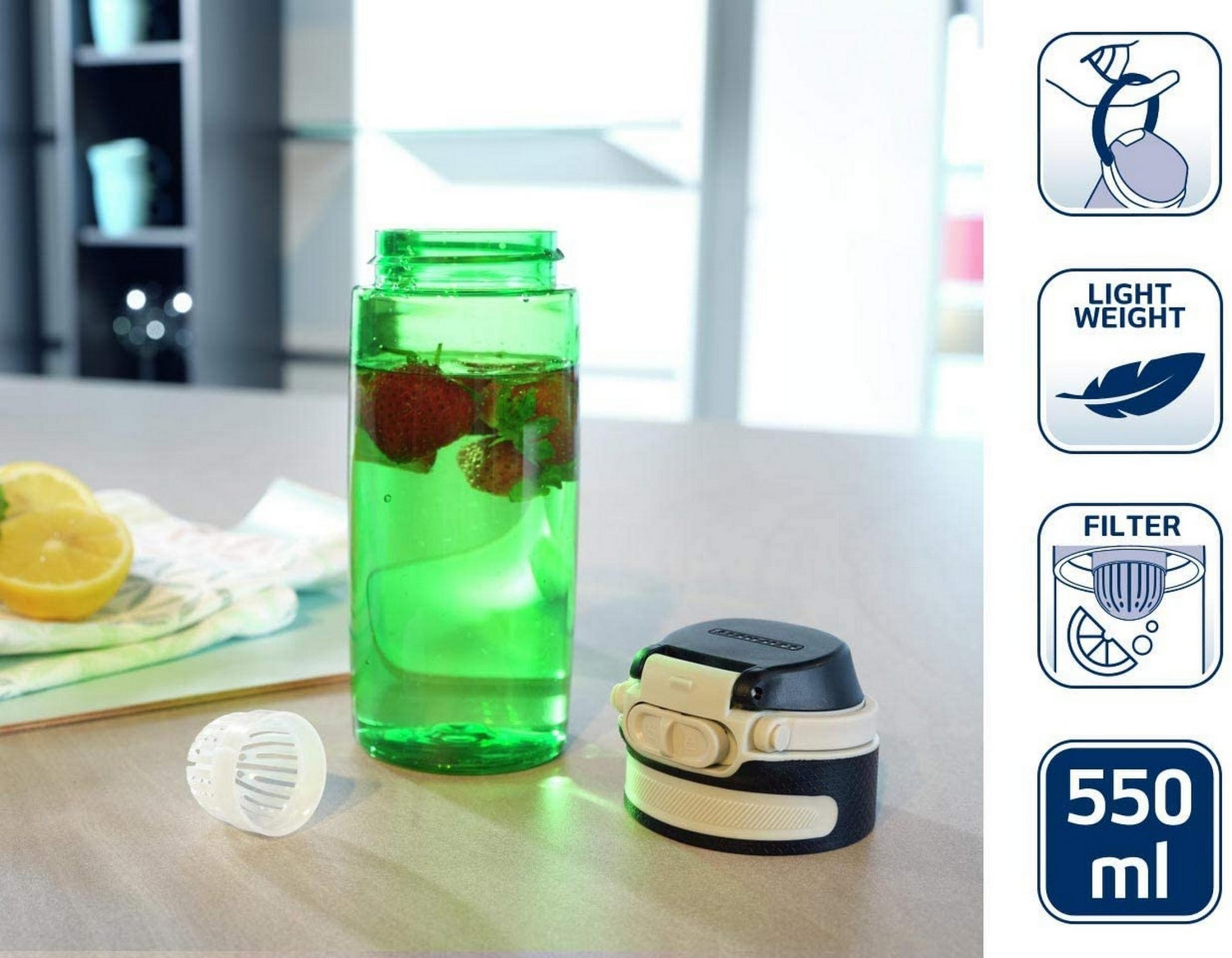 Botella verde con fresas y limón, tapa y filtro al lado. Iconos de filtro y 550 ml.