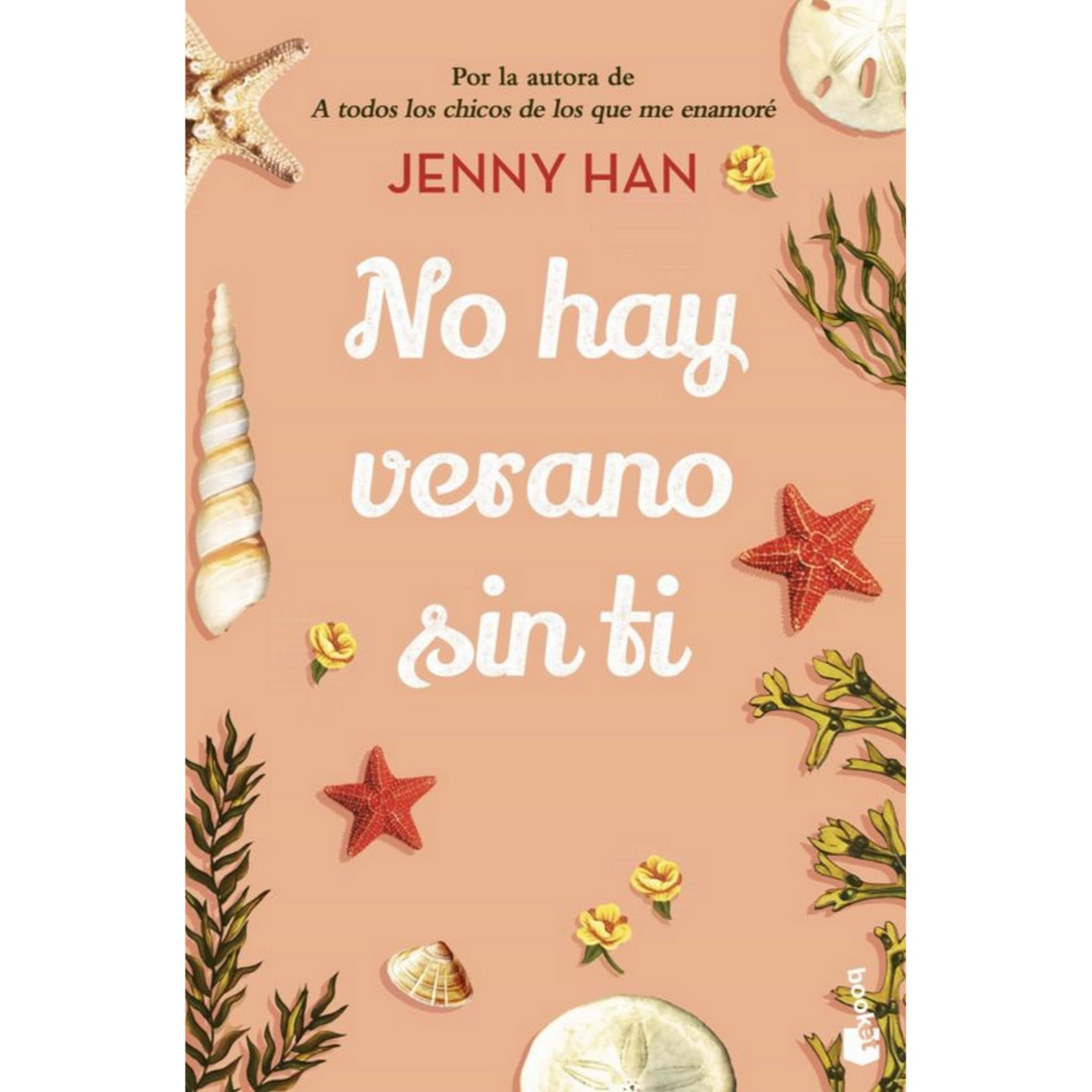 Portada de libro con conchas, estrellas de mar y algas sobre fondo melocotón.