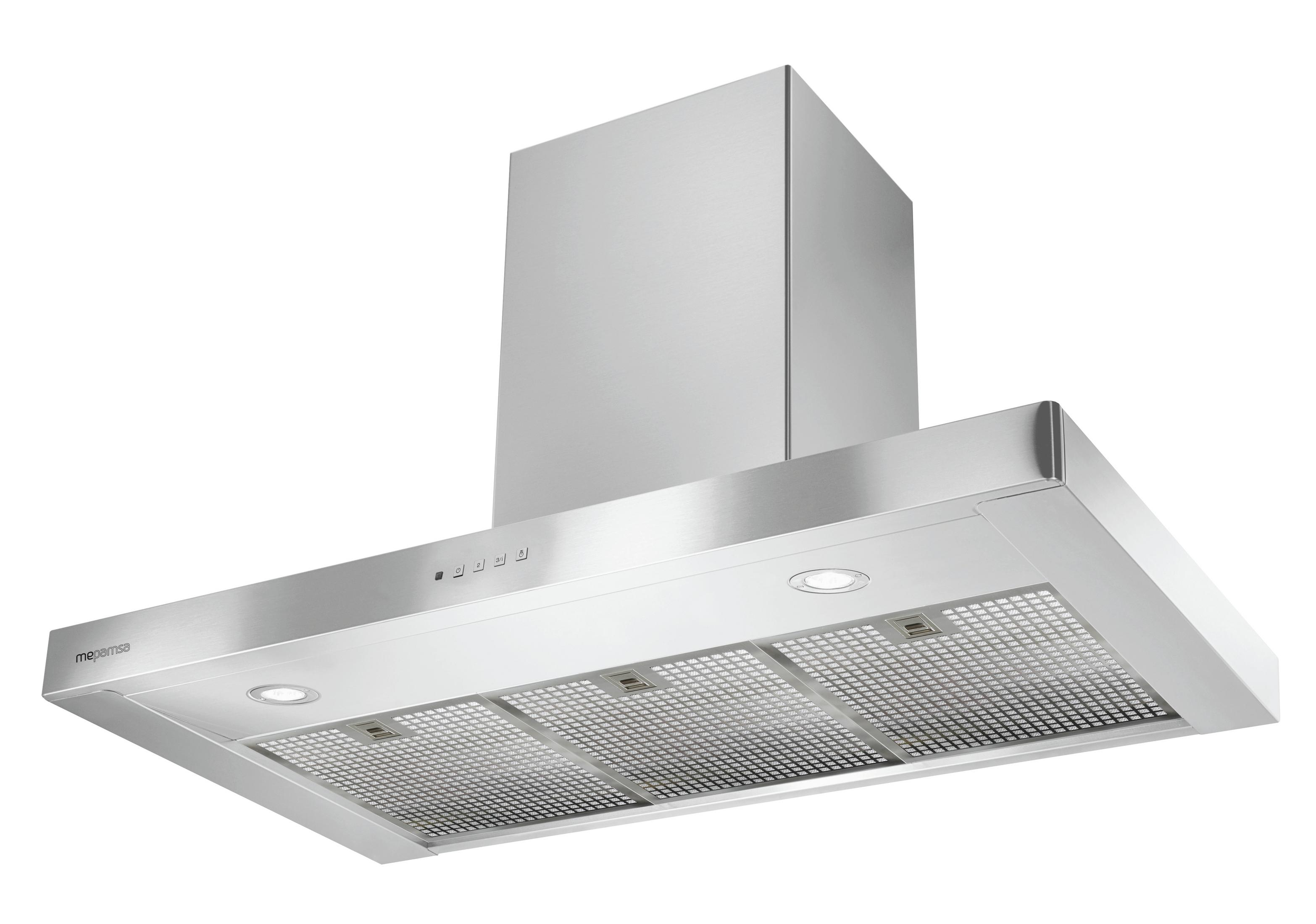 Campana extractora de acero inoxidable con panel de control y luces.