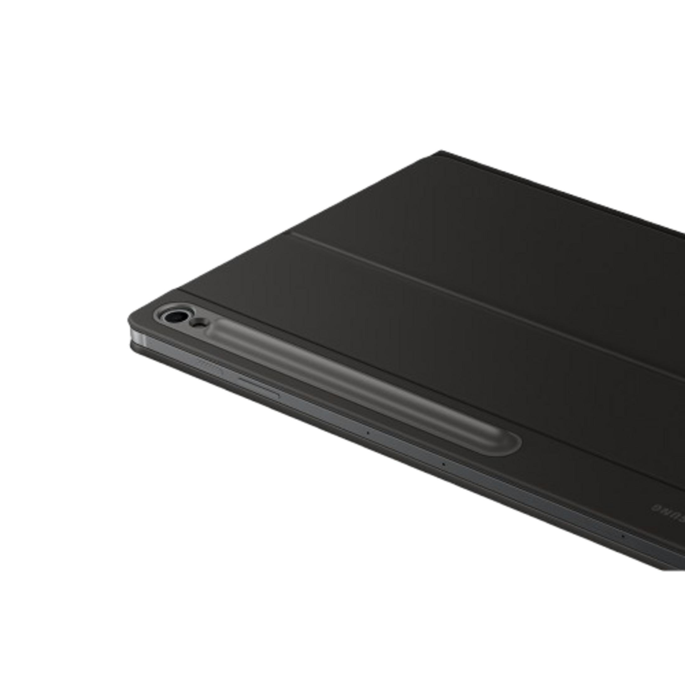 Tableta negra con soporte para lápiz, vista lateral con cámara y botones.