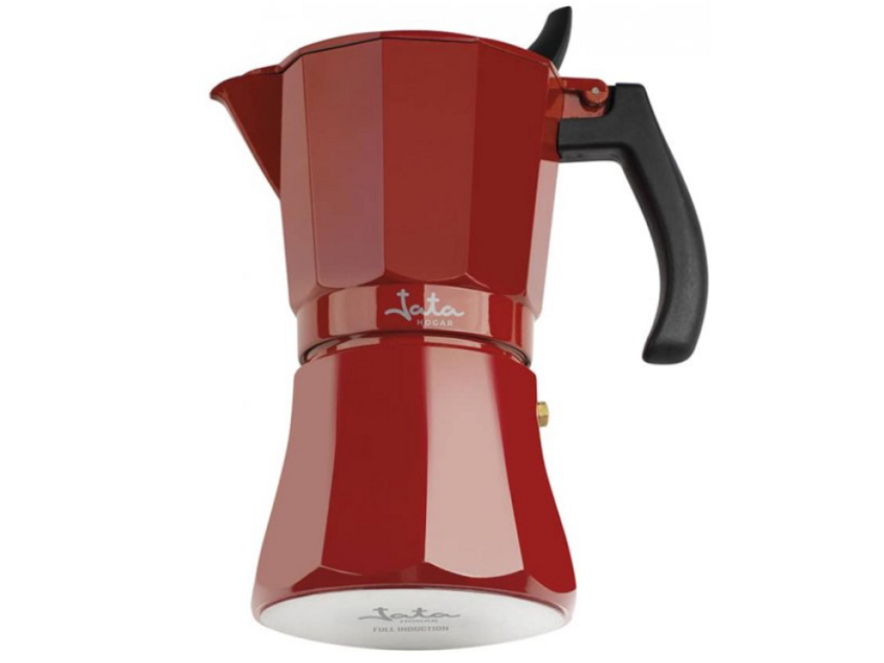 Caffettiera rossa con manico nero su sfondo bianco.