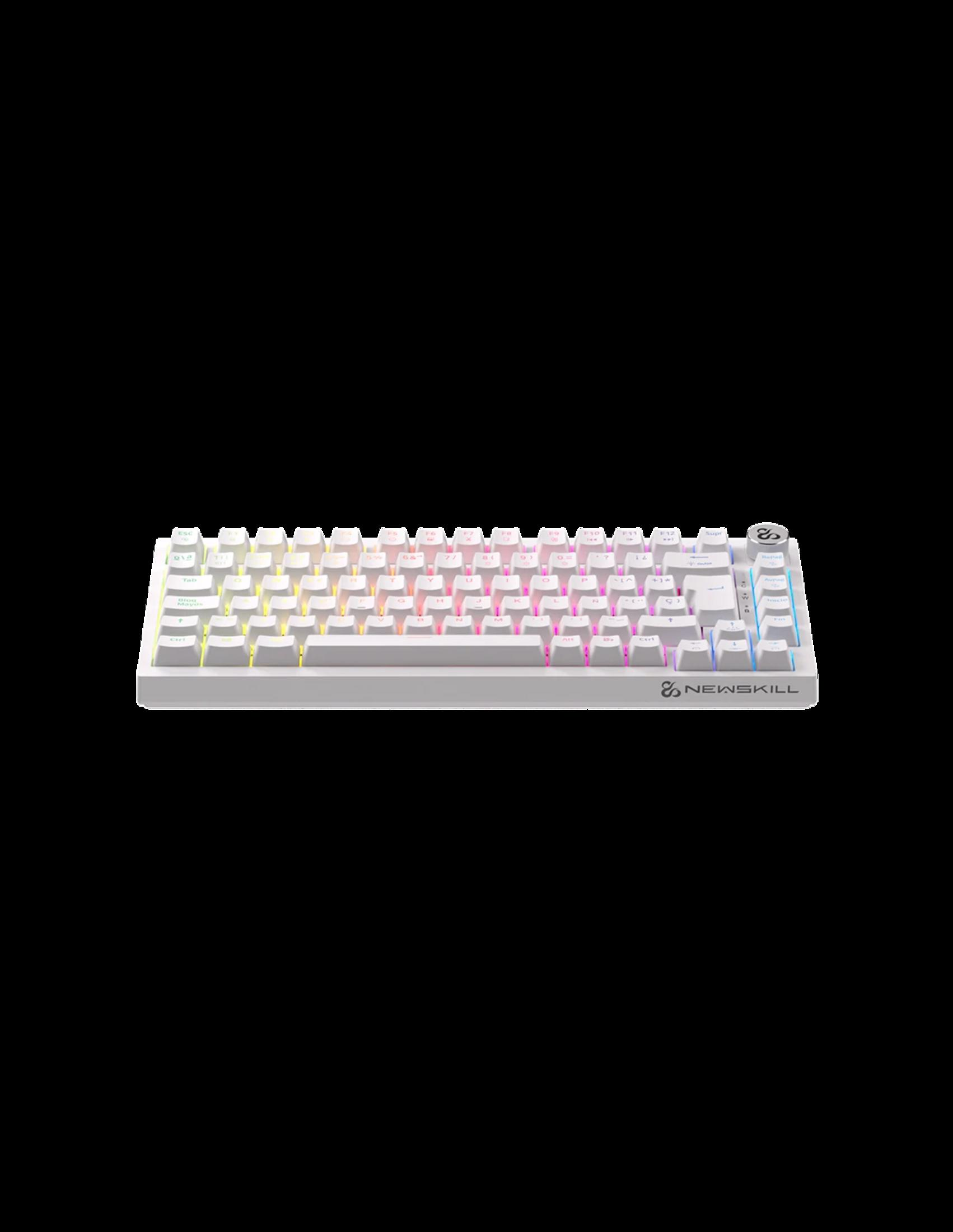Un teclado mecánico blanco con iluminación RGB y el logo "NEWSKILL".