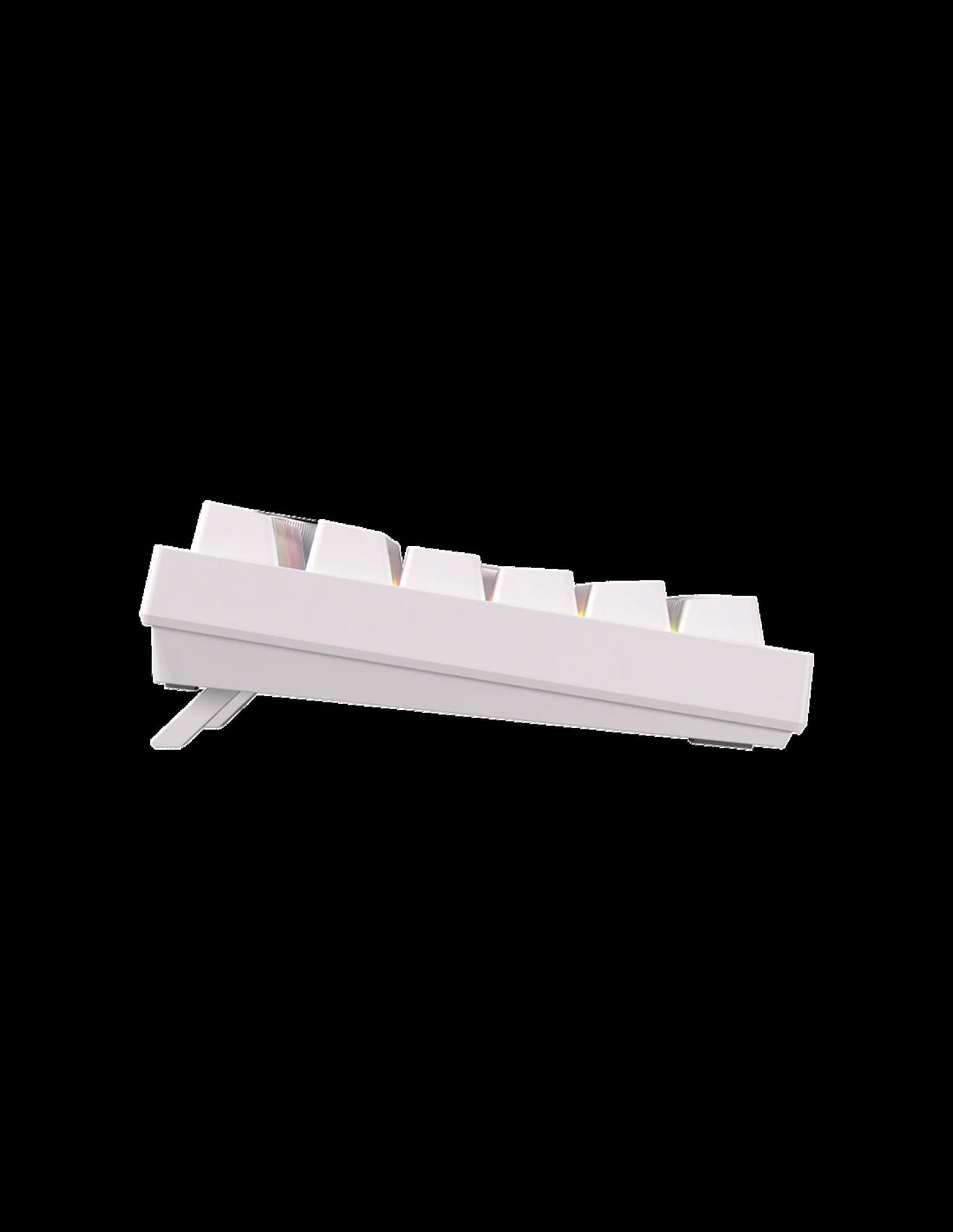 Teclado blanco de lado con pata desplegada.