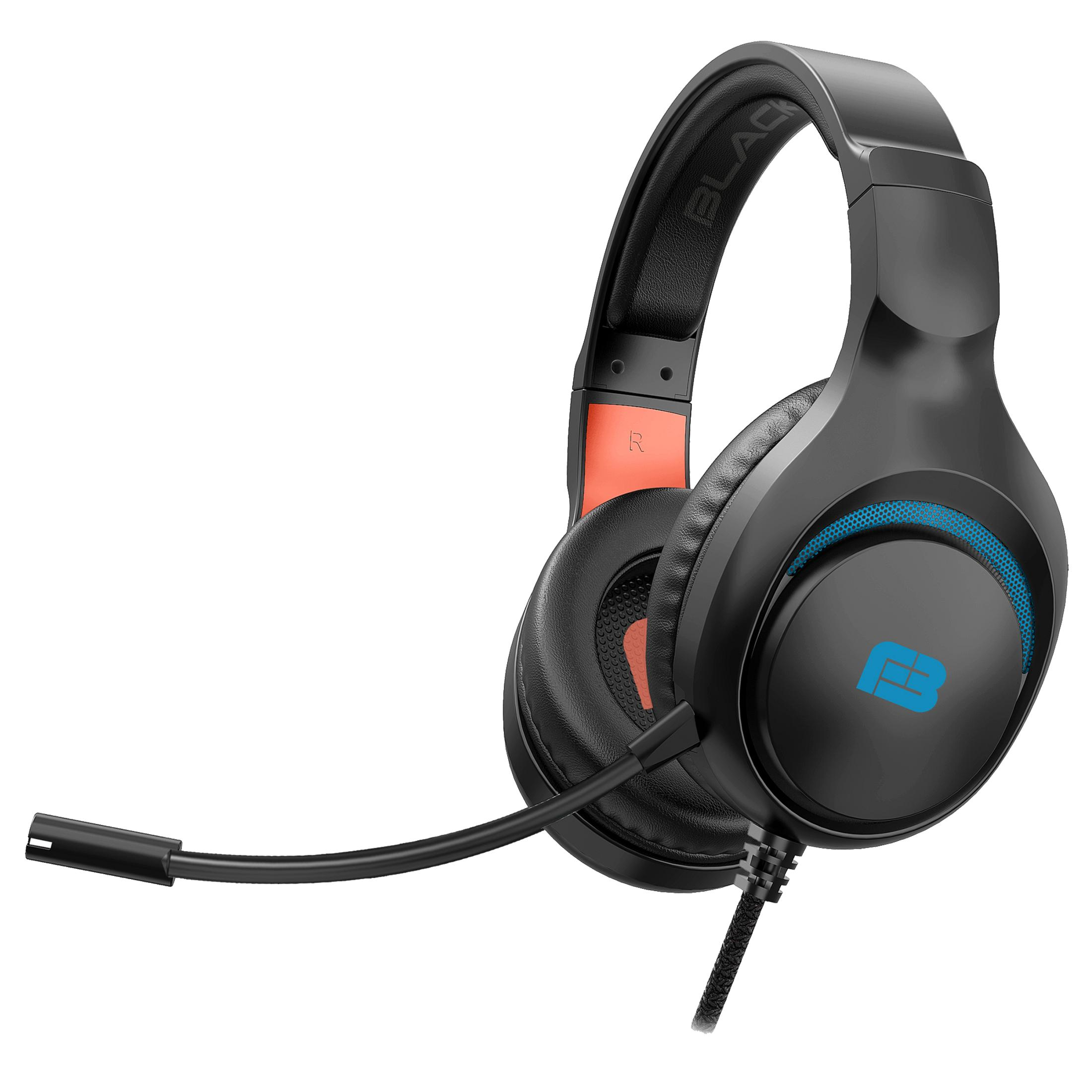 Cuffie gaming nere con accenti blu e microfono flessibile.