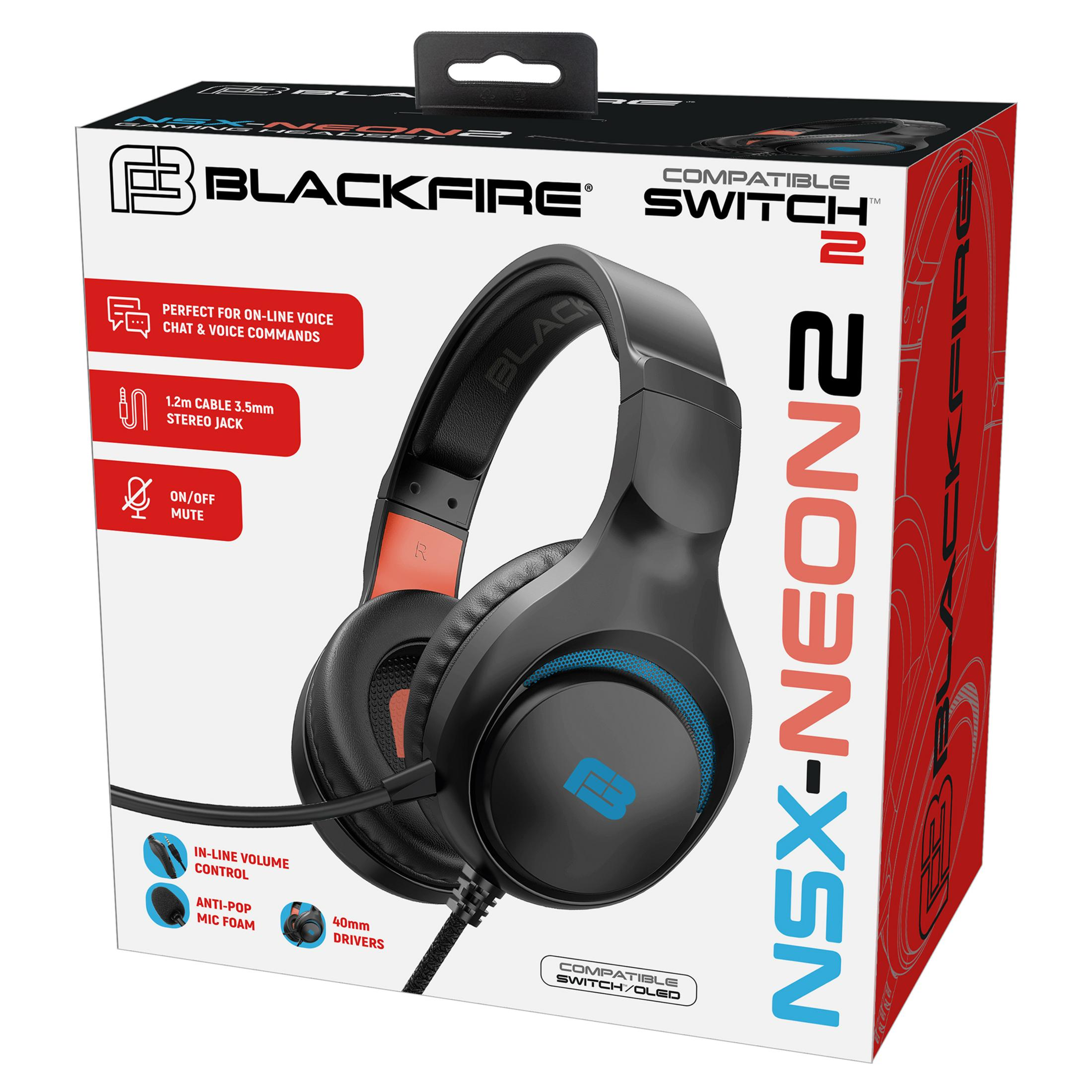 Confezione cuffie da gaming Blackfire NSX-Neon 2 con illustrazione.