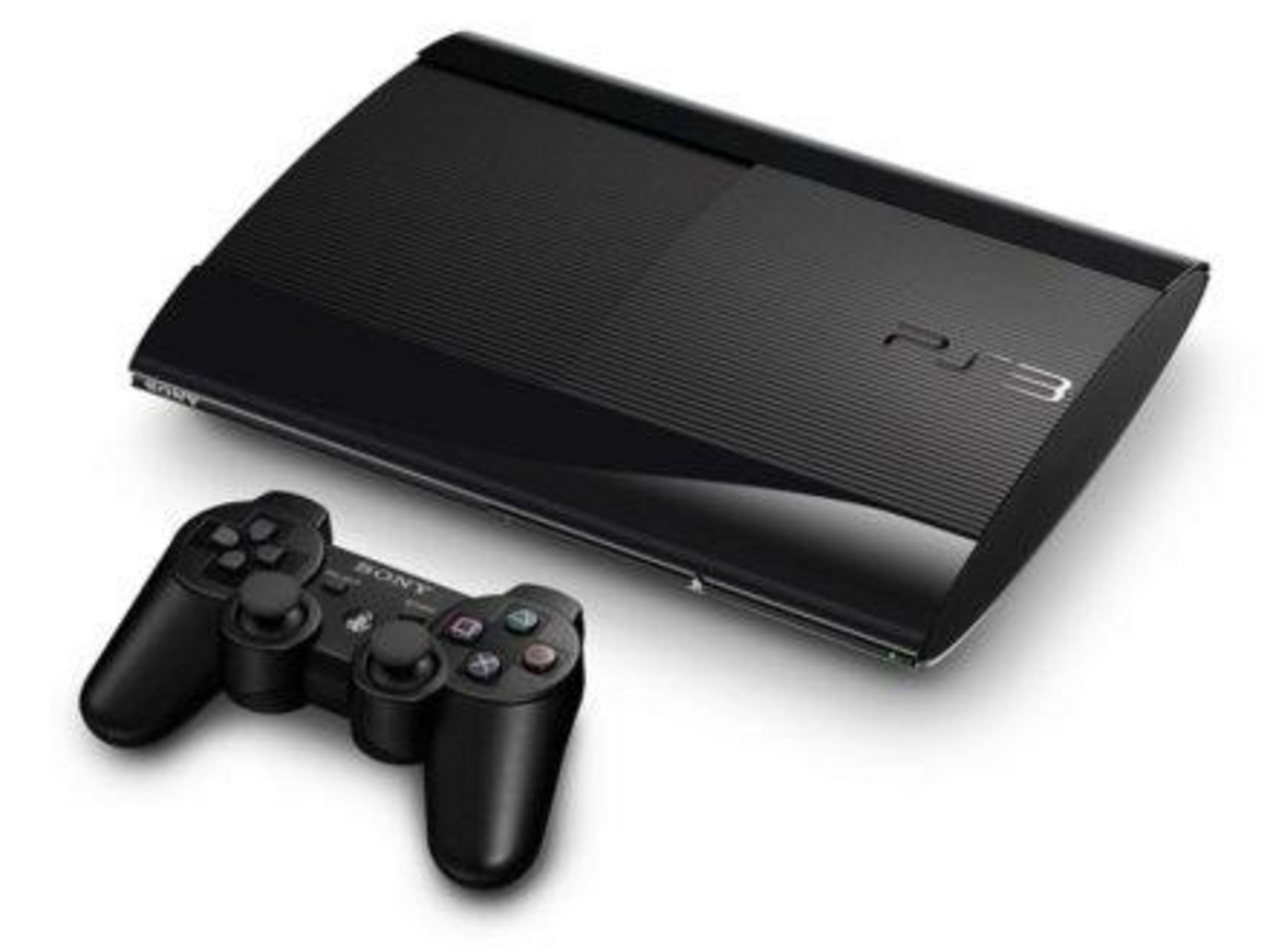 Black PlayStation 3 console with controller on a white background.