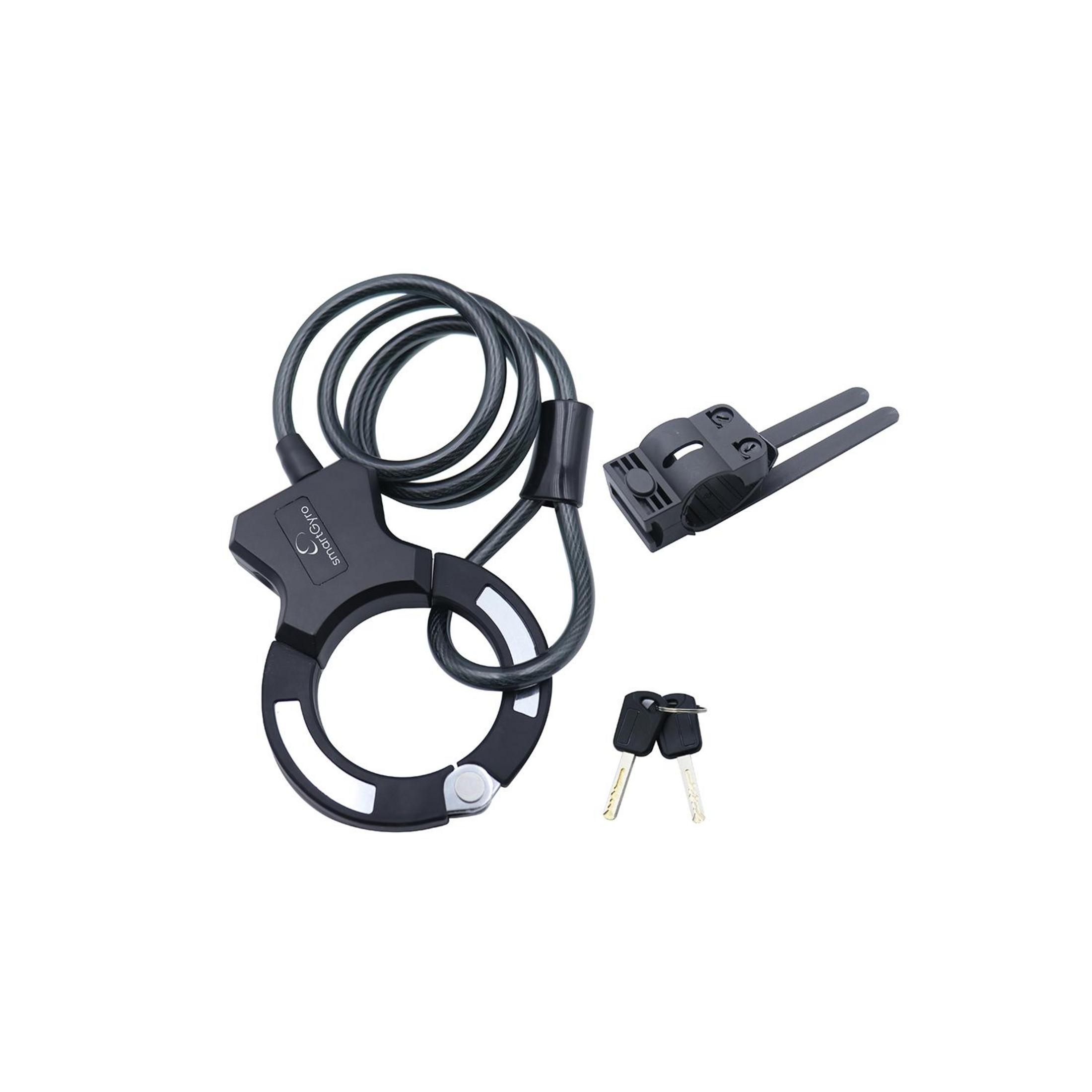 Candado negro para bicicleta con soporte y llaves sobre fondo blanco.