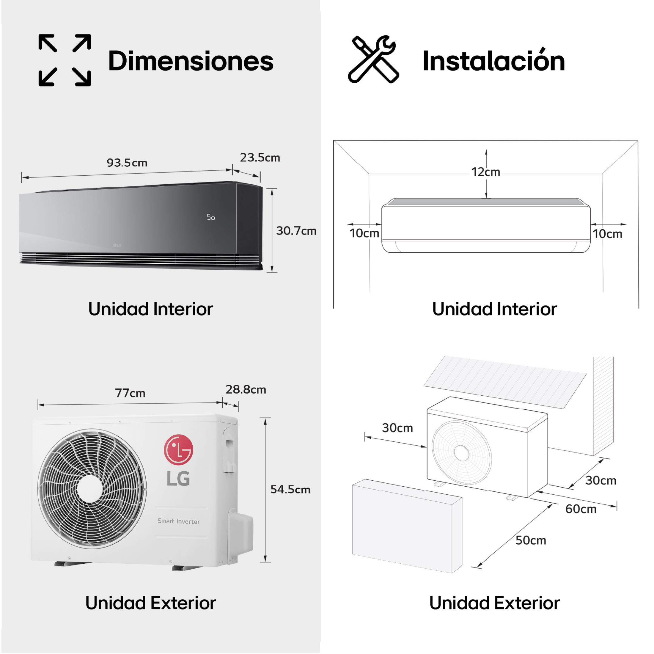 Dimensioni e installazione condizionatore: unità interne ed esterne con misure.