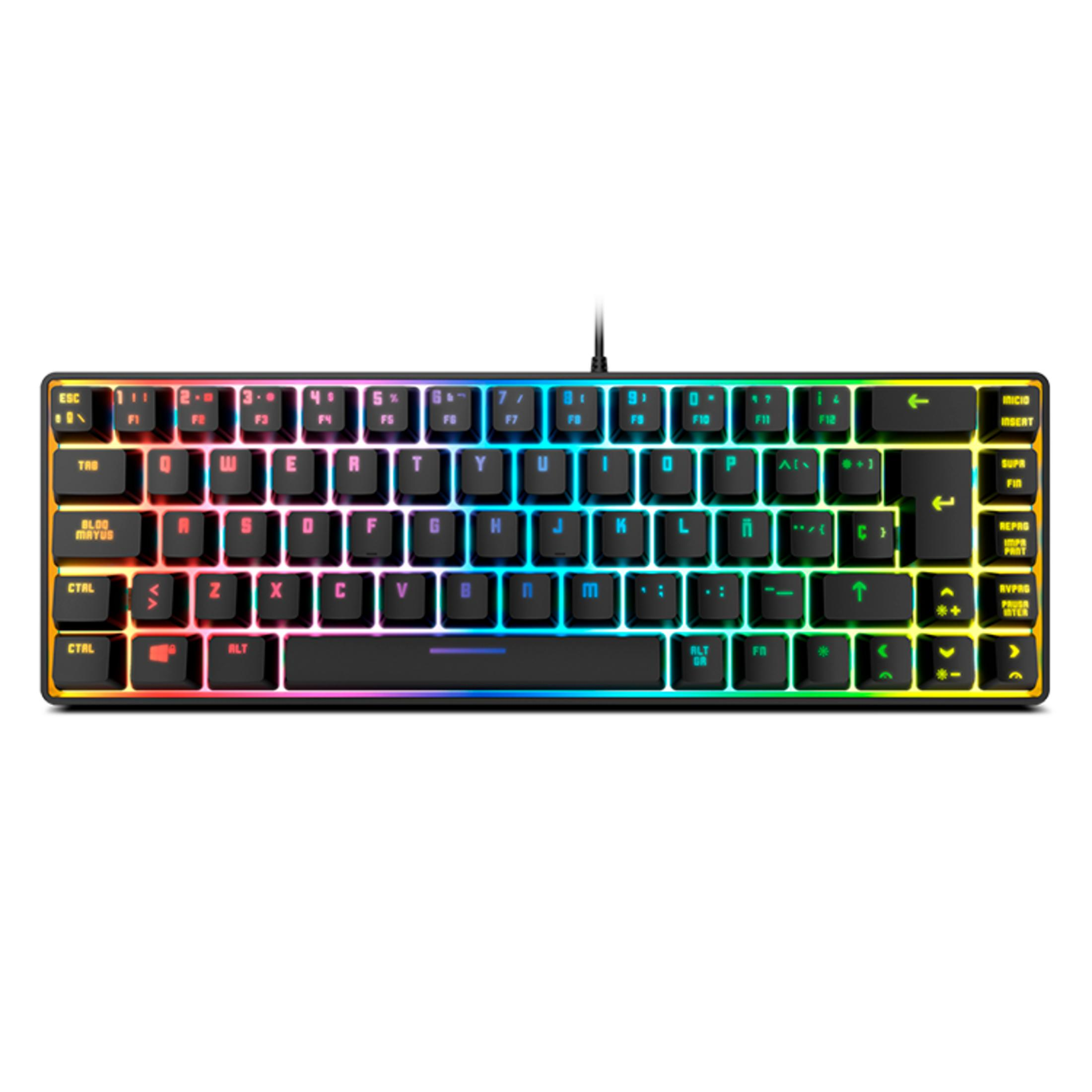 Una tastiera compatta nera con retroilluminazione RGB colorata. I tasti mostrano lettere e simboli.