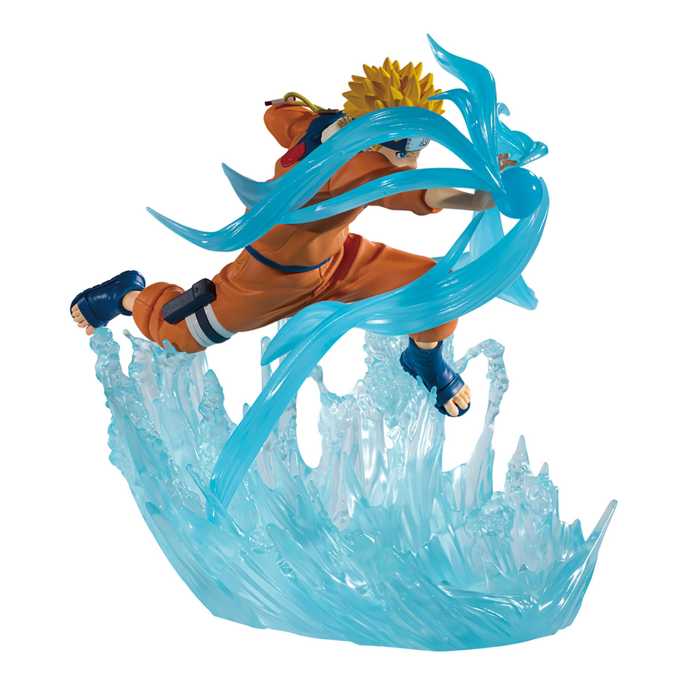 Naruto con ropa naranja saltando a través del agua azul.