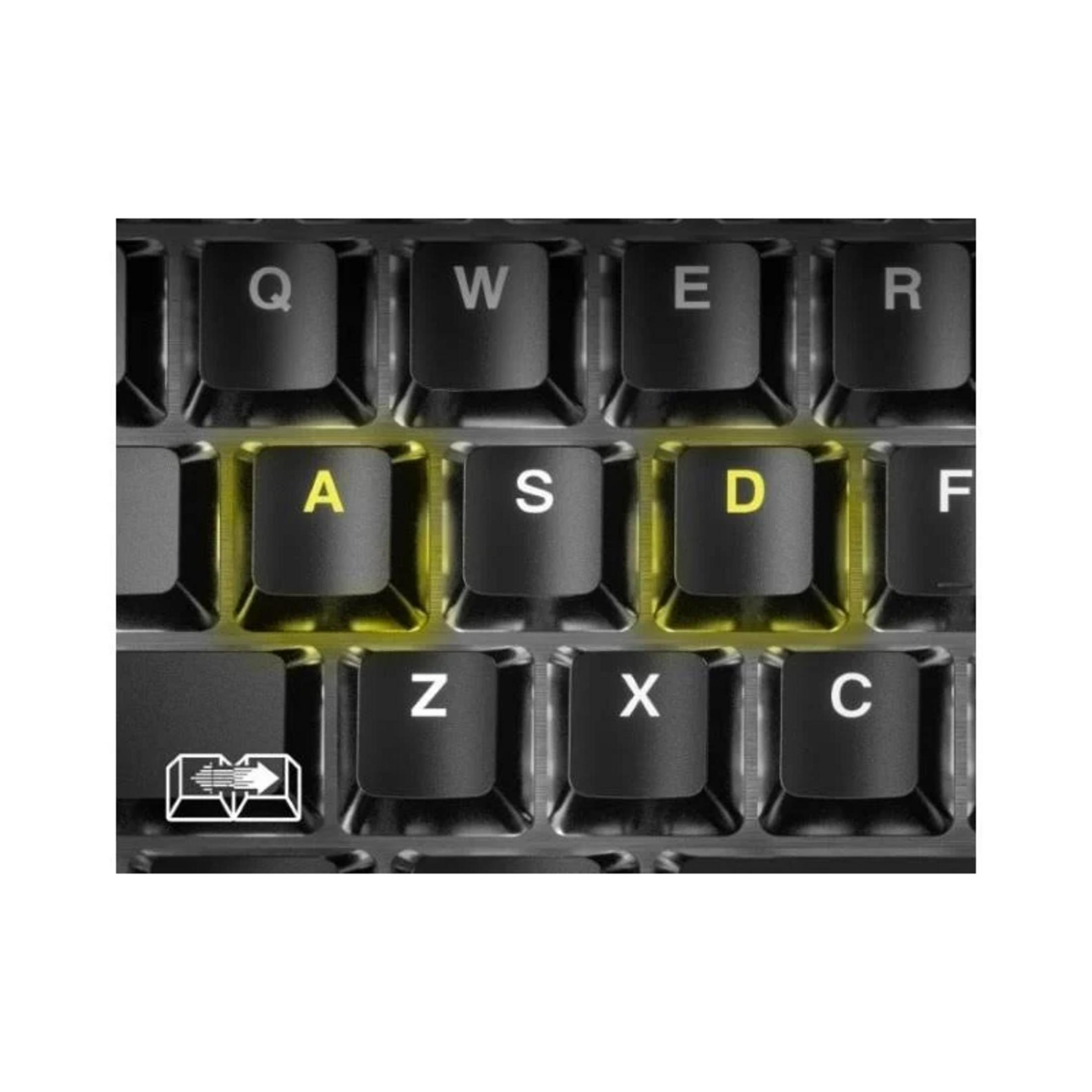 Primo piano di una tastiera con tasti WASD illuminati e tasto Invio.
