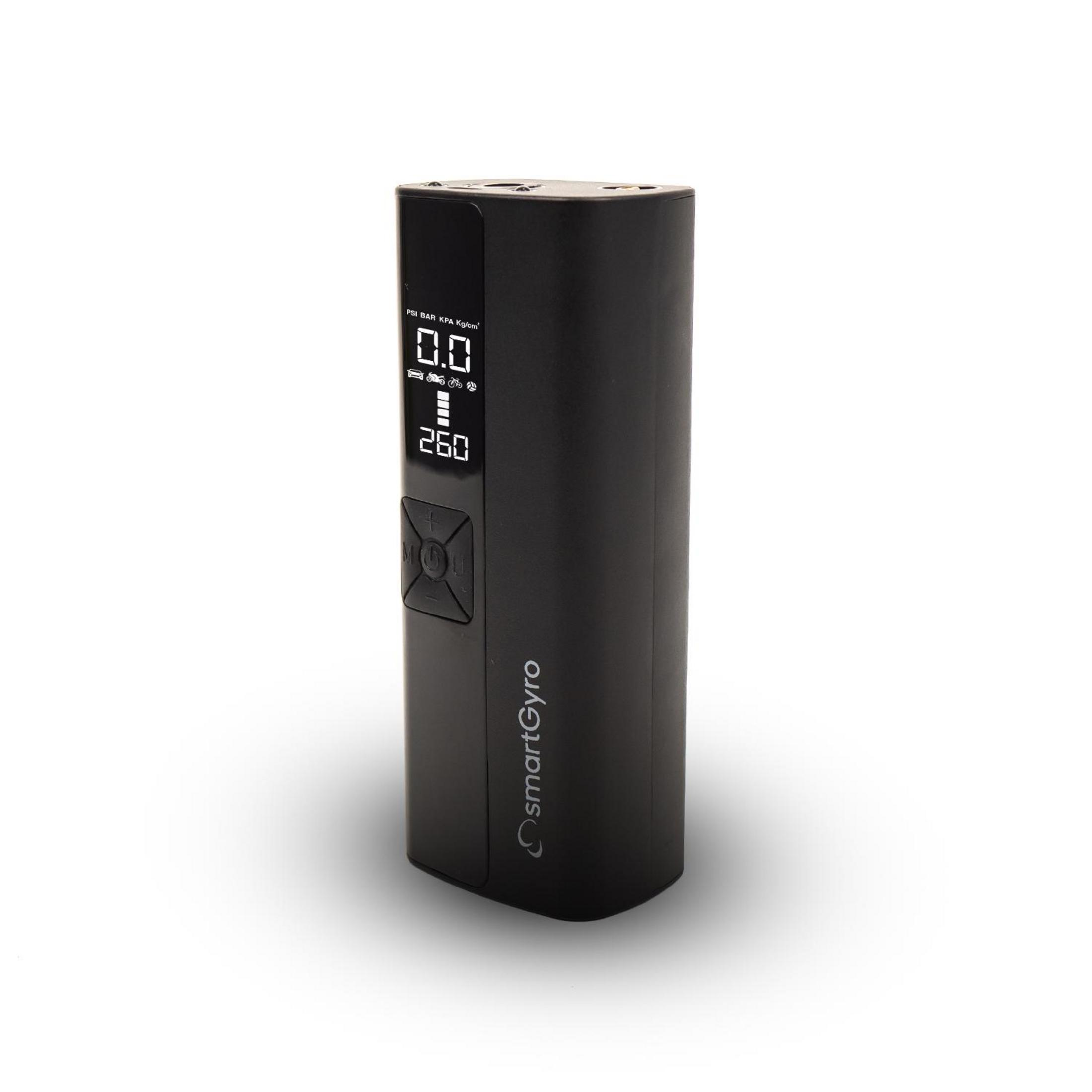 Bomba de aire portátil smartGyro negra con pantalla digital que muestra 0,0 PSI y 260.