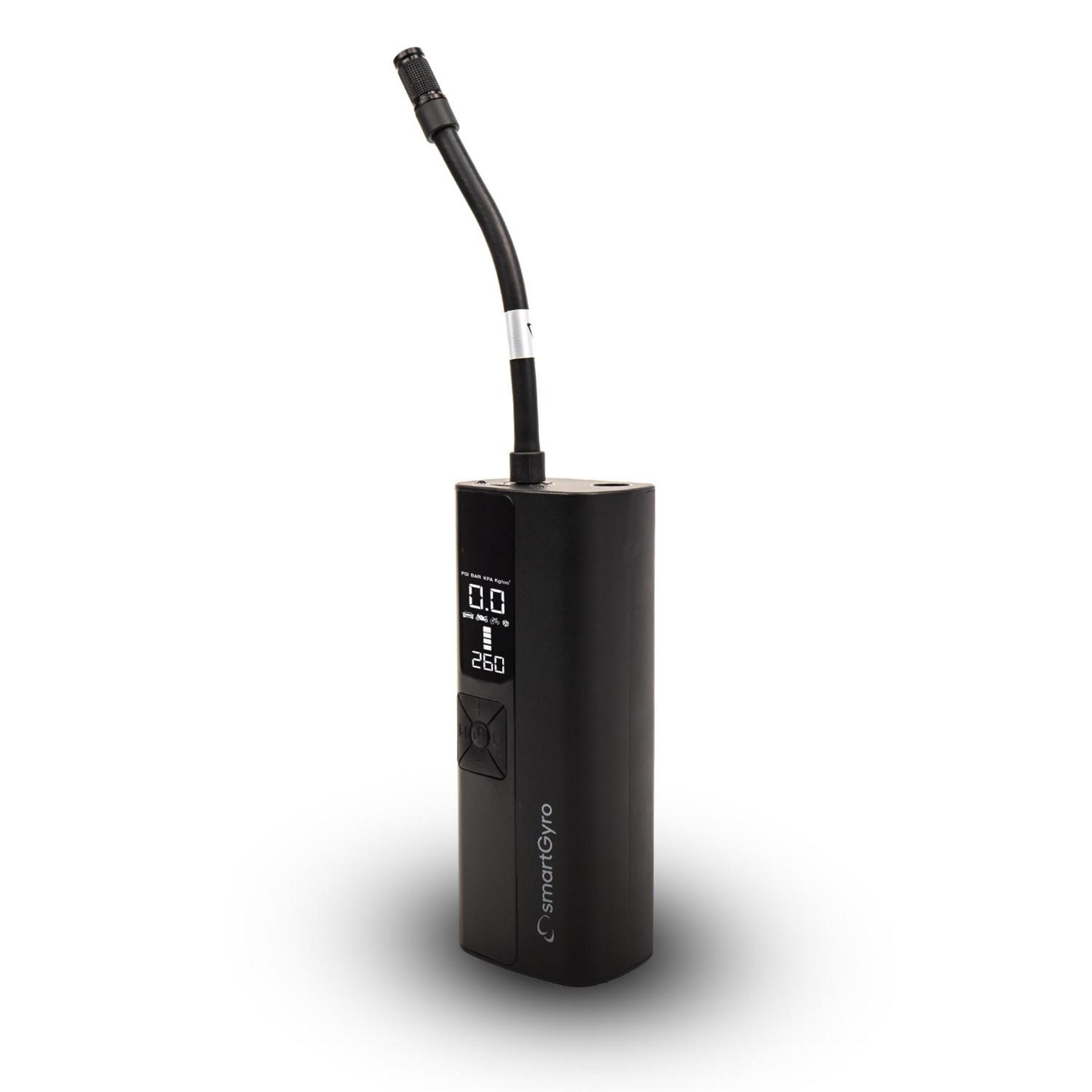 Bomba de aire portátil negra con pantalla digital mostrando 0.0 y 260.