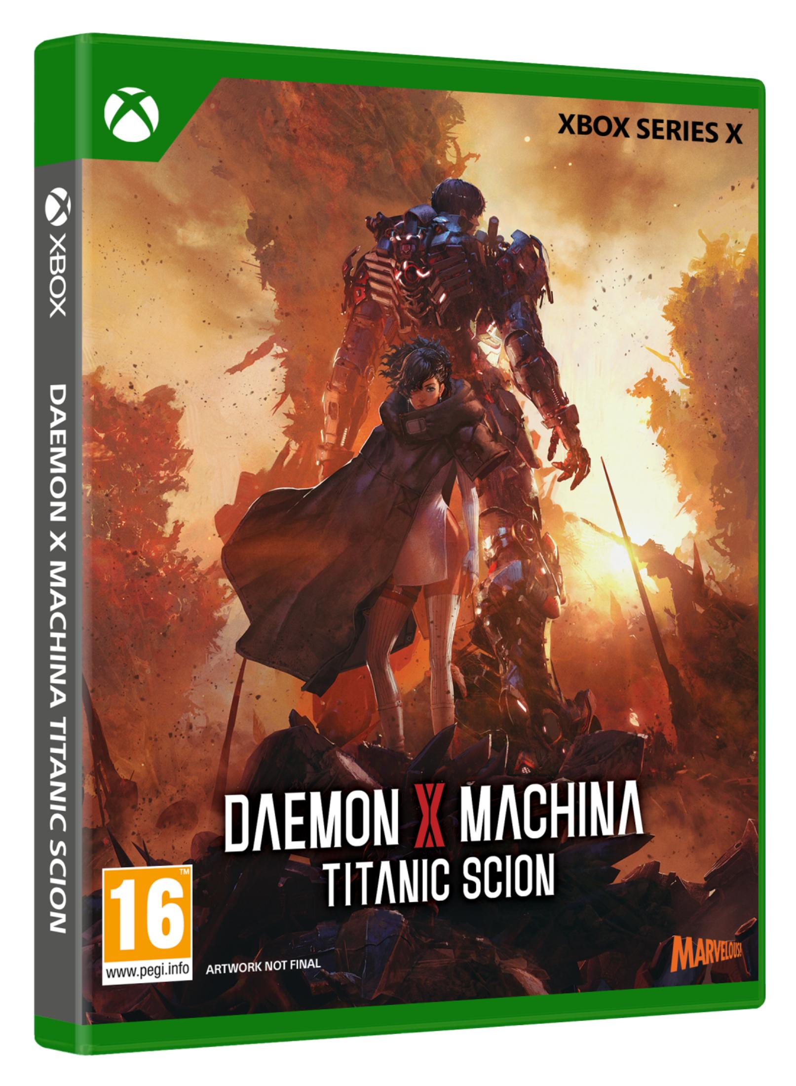 Un traje mecha y una mujer ante una explosión ardiente. Portada de juego de Xbox.