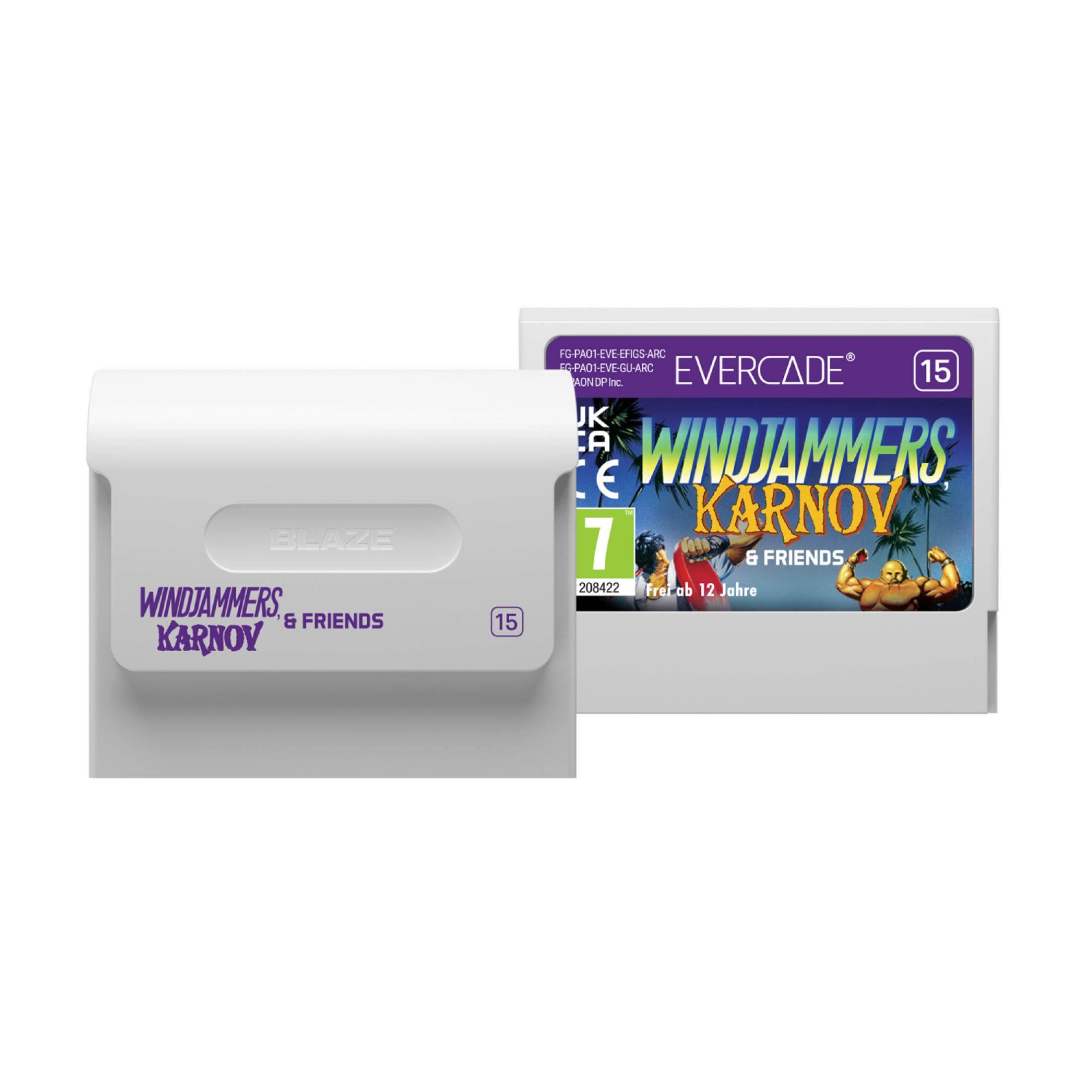 Due cartucce per videogiochi, una con etichetta "Blaze" e "Windjammers Karnov & Friends".