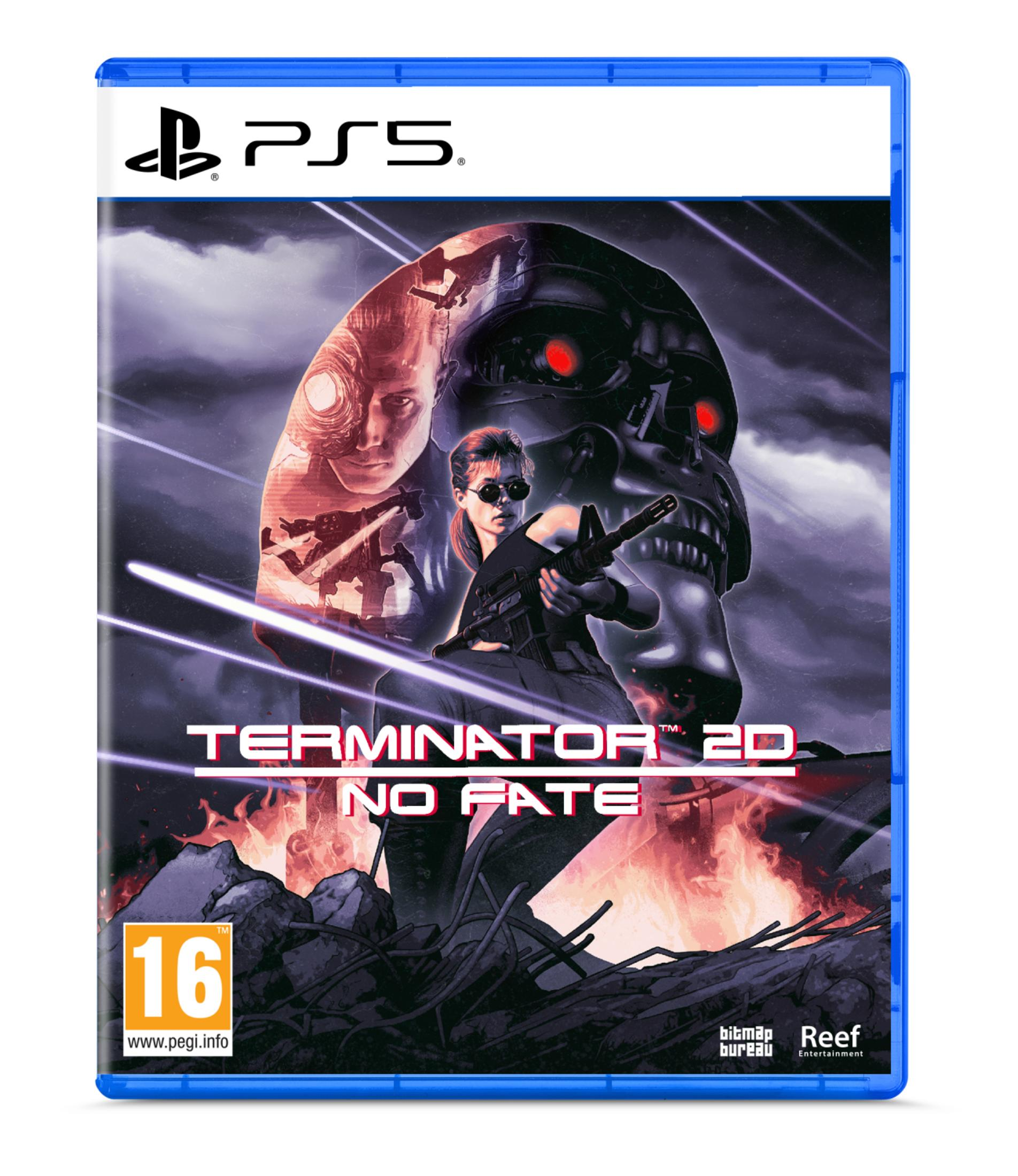Copertina gioco PS5: Donna con pistola davanti al teschio di Terminator, fuoco dietro.