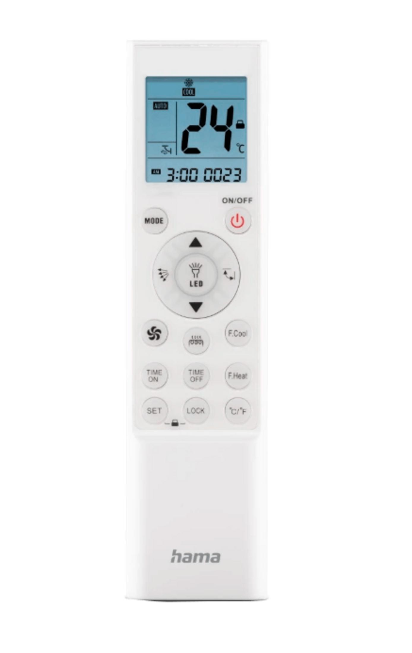 Telecomando bianco con schermo LCD blu che mostra 24°C e ora 3:00.