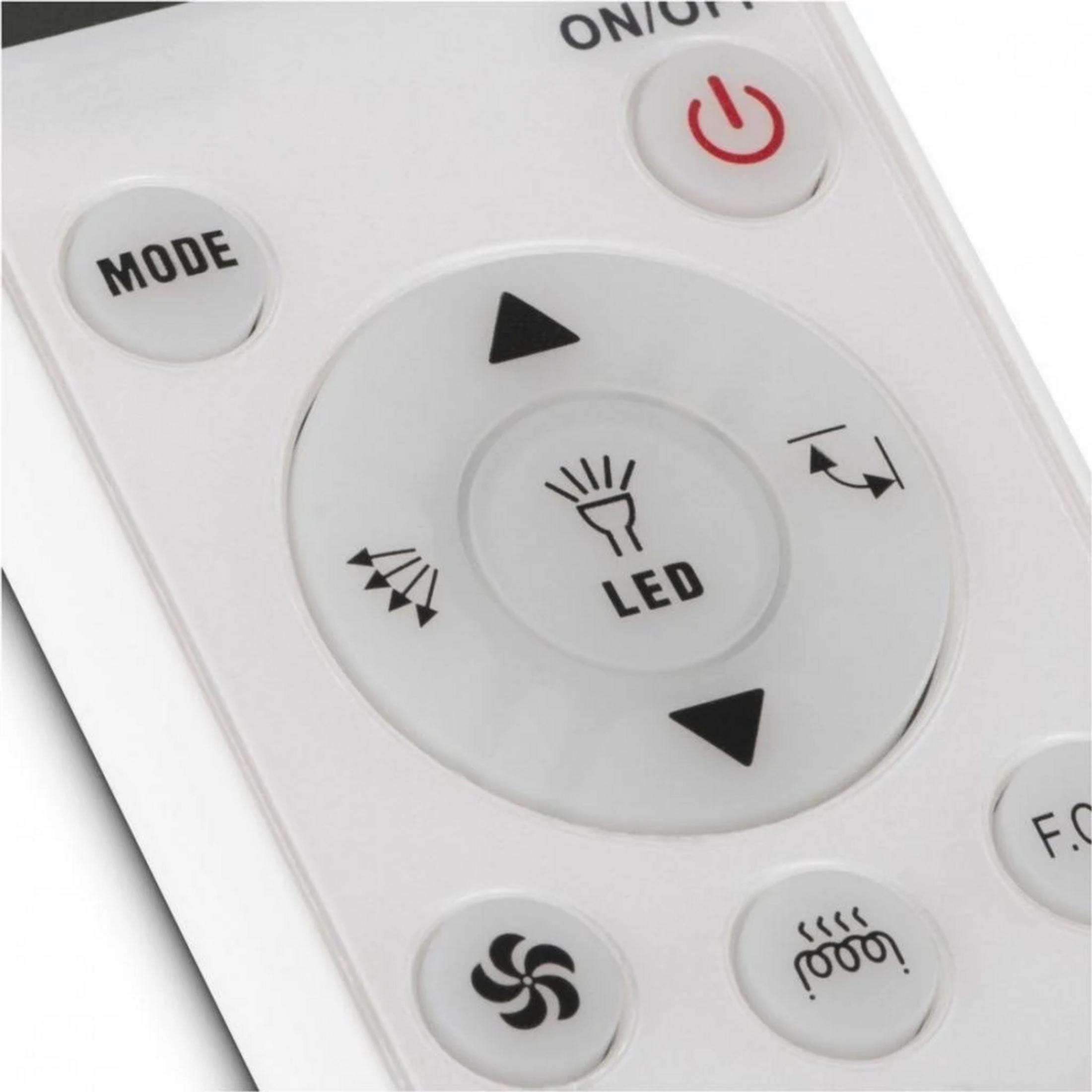 Un telecomando bianco con pulsanti per modalità, accensione/spegnimento, LED, ventola e calore.