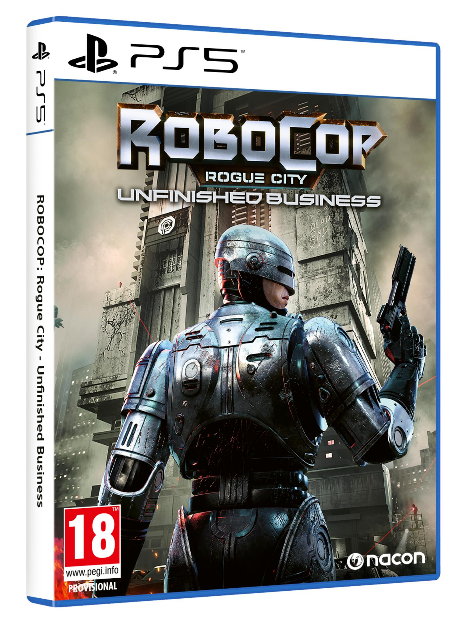 RoboCop tiene una pistola davanti a uno sfondo cittadino.