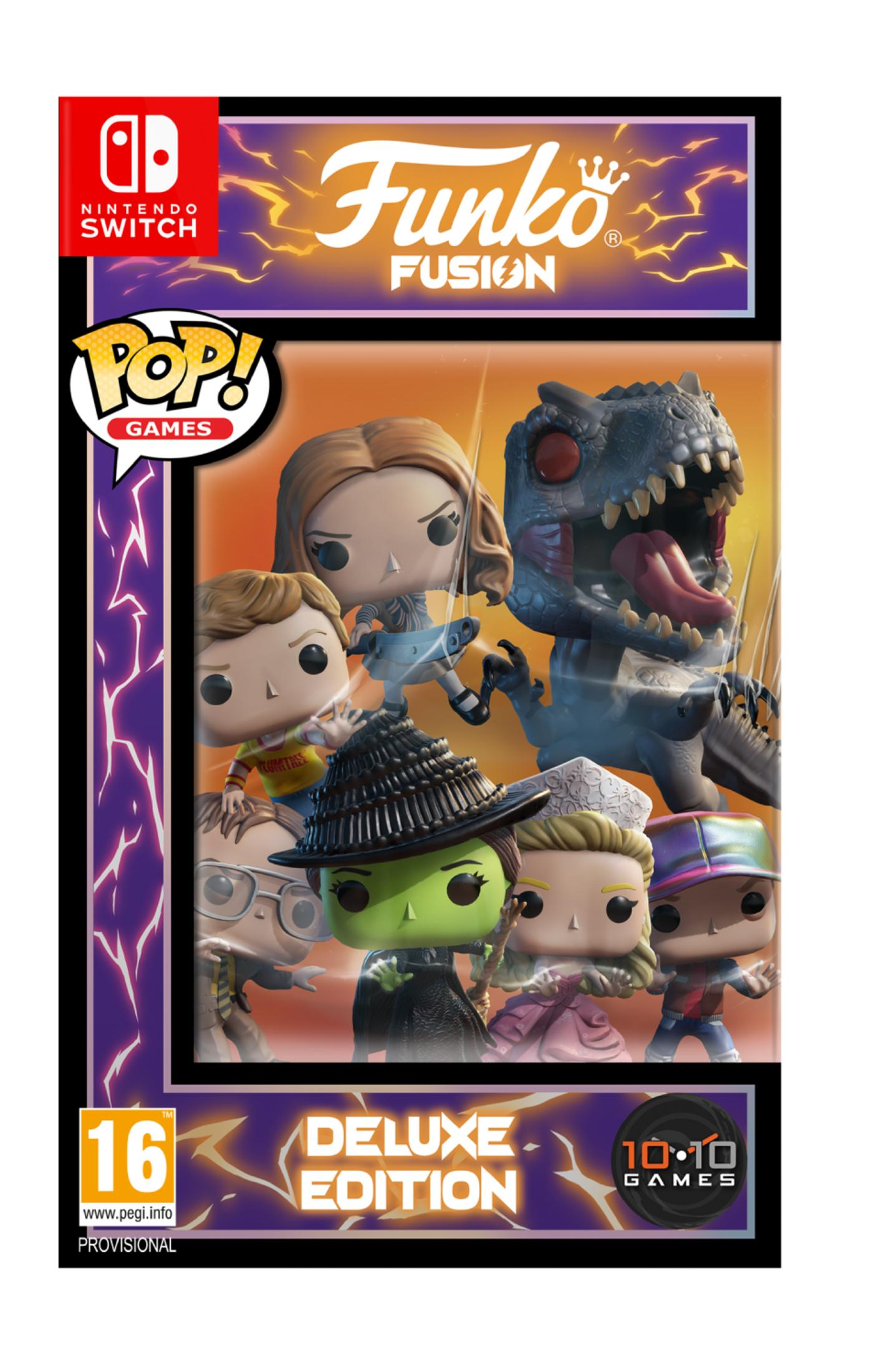 Okładka gry Nintendo Switch z figurkami Funko Pop: wiedźma, dinozaur, chłopiec i dziewczynka.