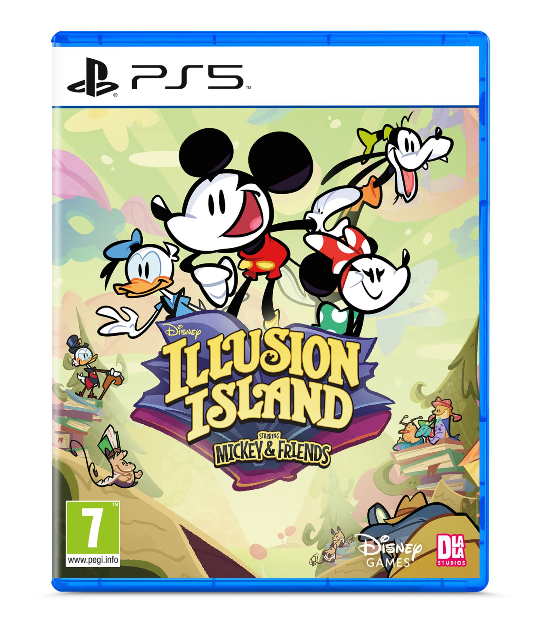Portada del juego PS5 con Mickey Mouse, Donald y Goofy, título: Illusion Island.