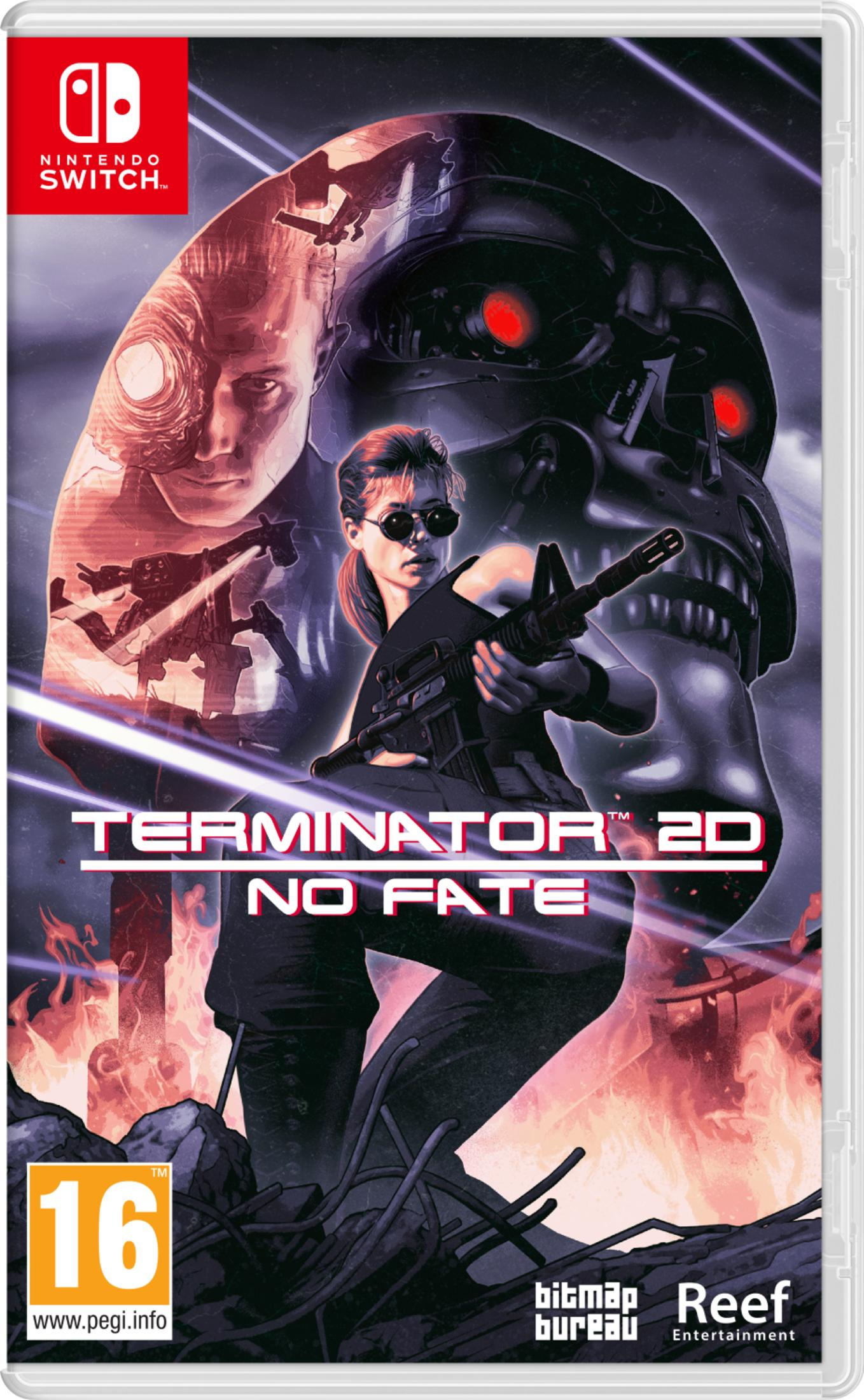 Copertina: Donna con pistola davanti teschio Terminator, logo Nintendo Switch, 16 anni.