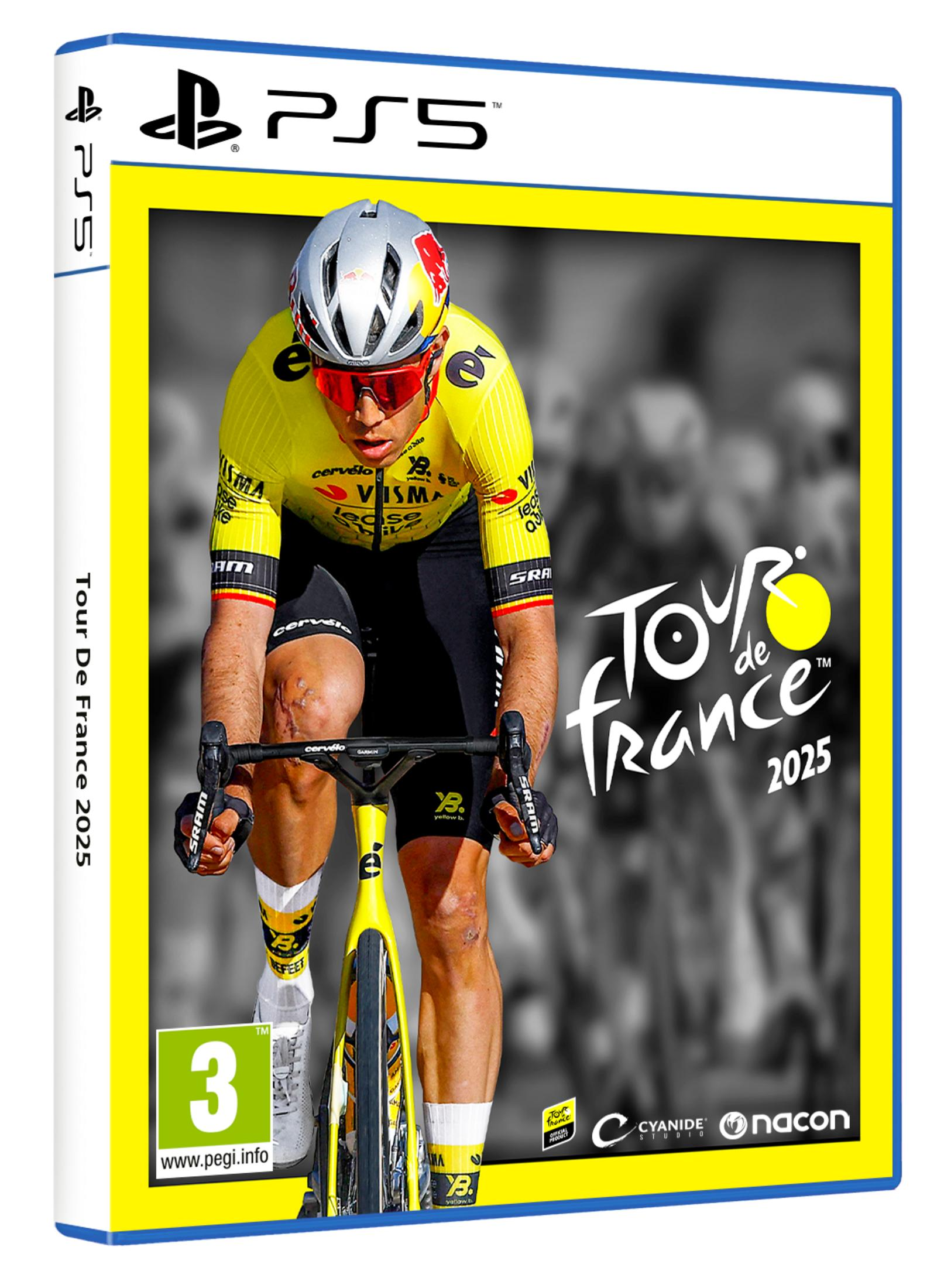 Copertina gioco PS5 per Tour de France 2025 con ciclista in maglia gialla.