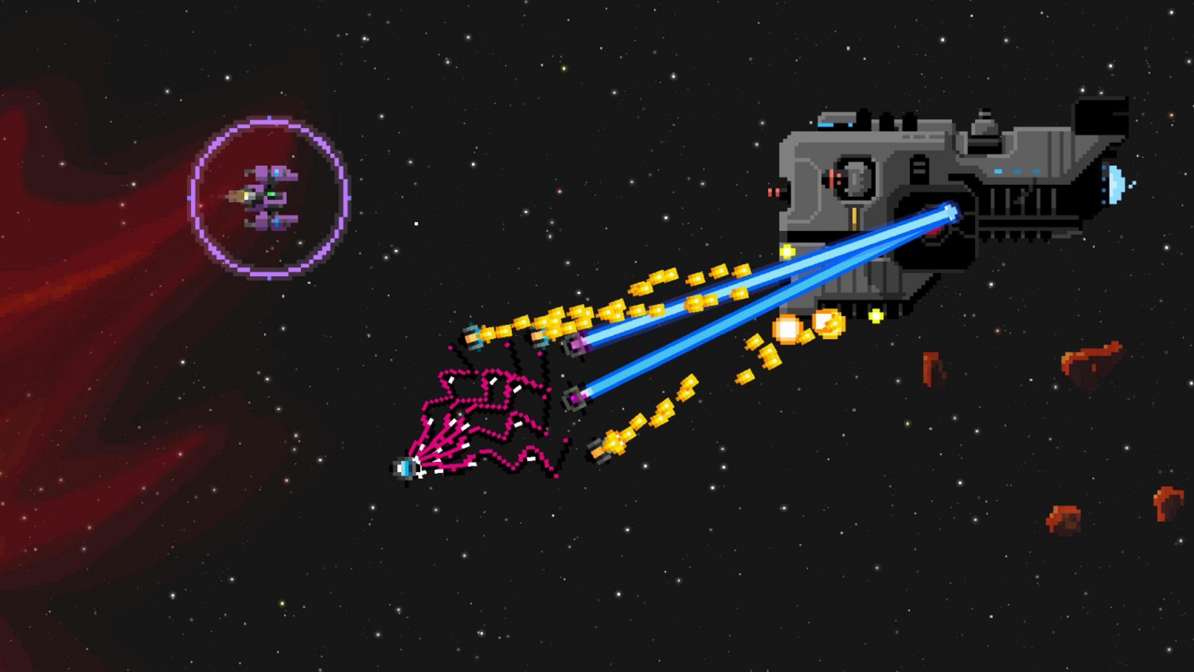 Battaglia spaziale pixel art: grande nave spara laser blu a navi più piccole.