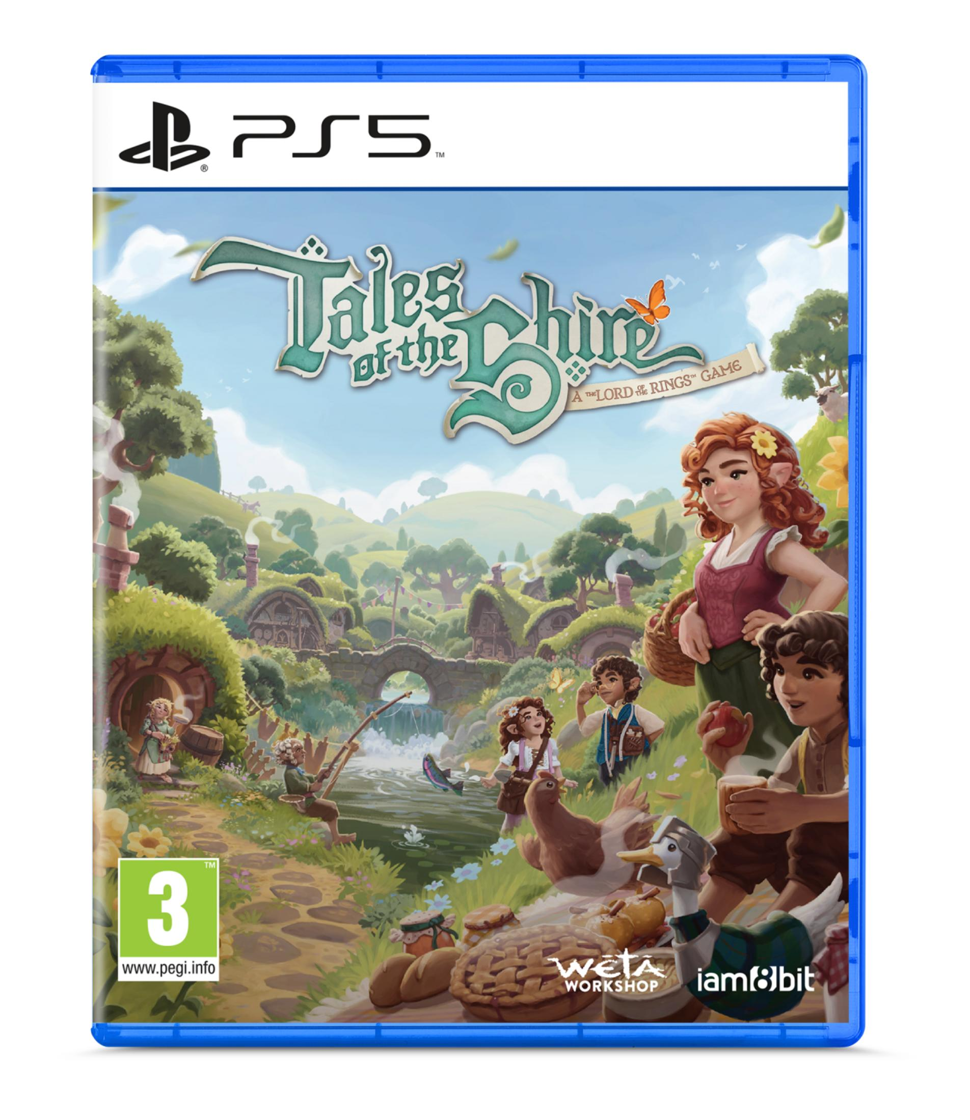 Juego PS5 "Tales of the Shire" con hobbits, paisaje idílico y comida.