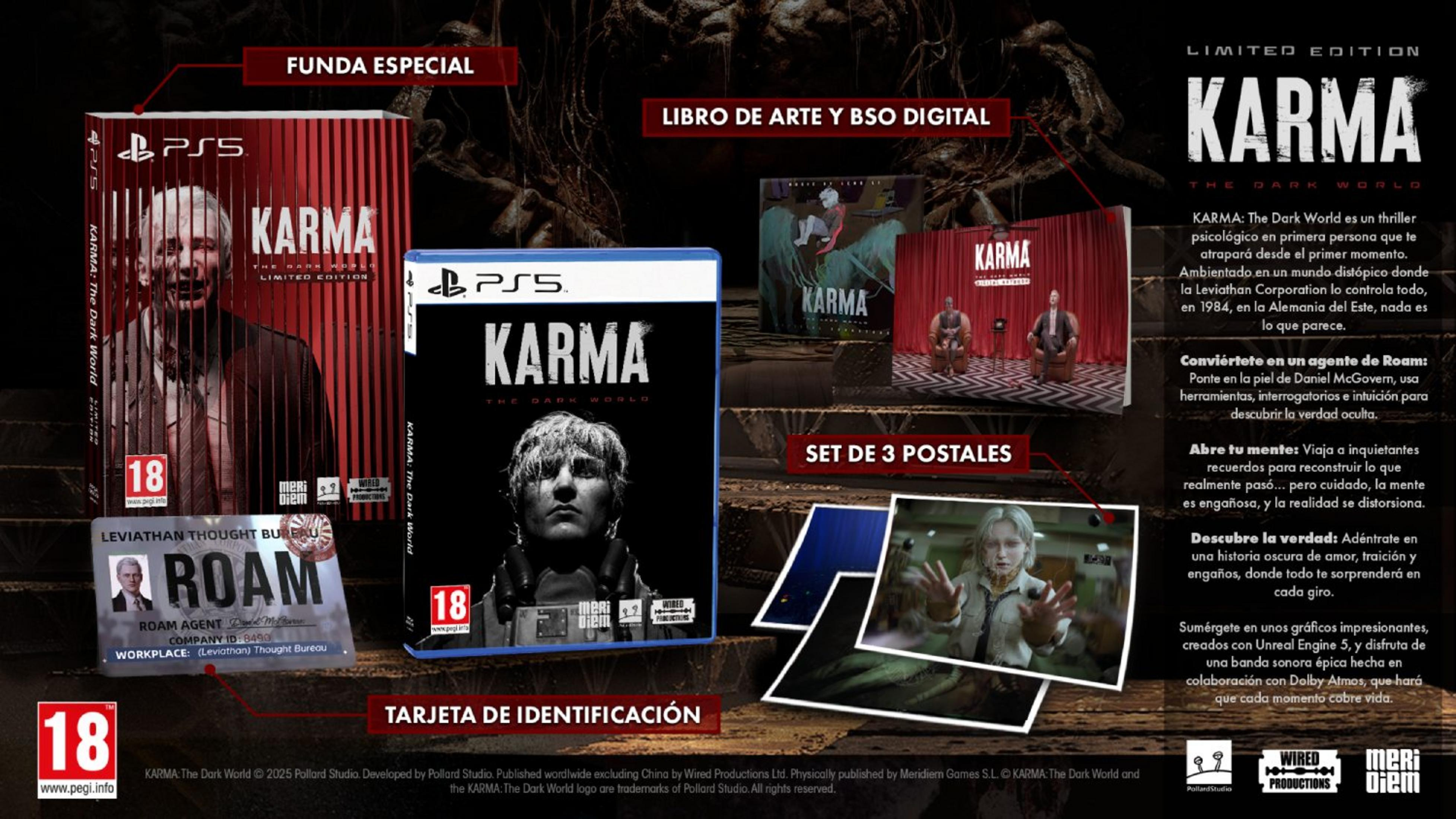 Gioco PS5 "Karma: The Dark World" Limited Edition con copertina, artbook, cartoline e carta d'identità.