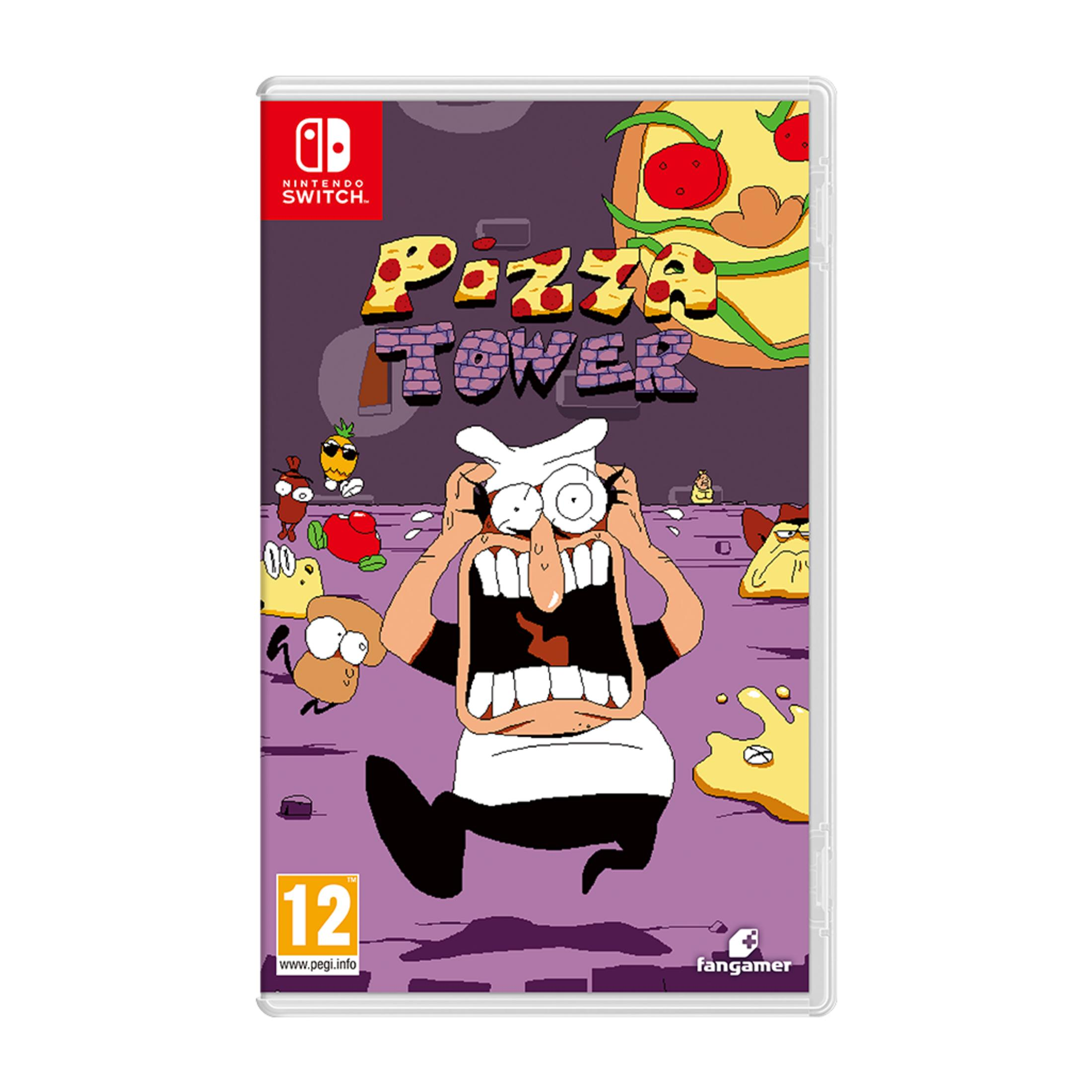 Portada de Pizza Tower para Nintendo Switch: Un hombre con gorro de chef grita, rodeado de porciones de pizza.