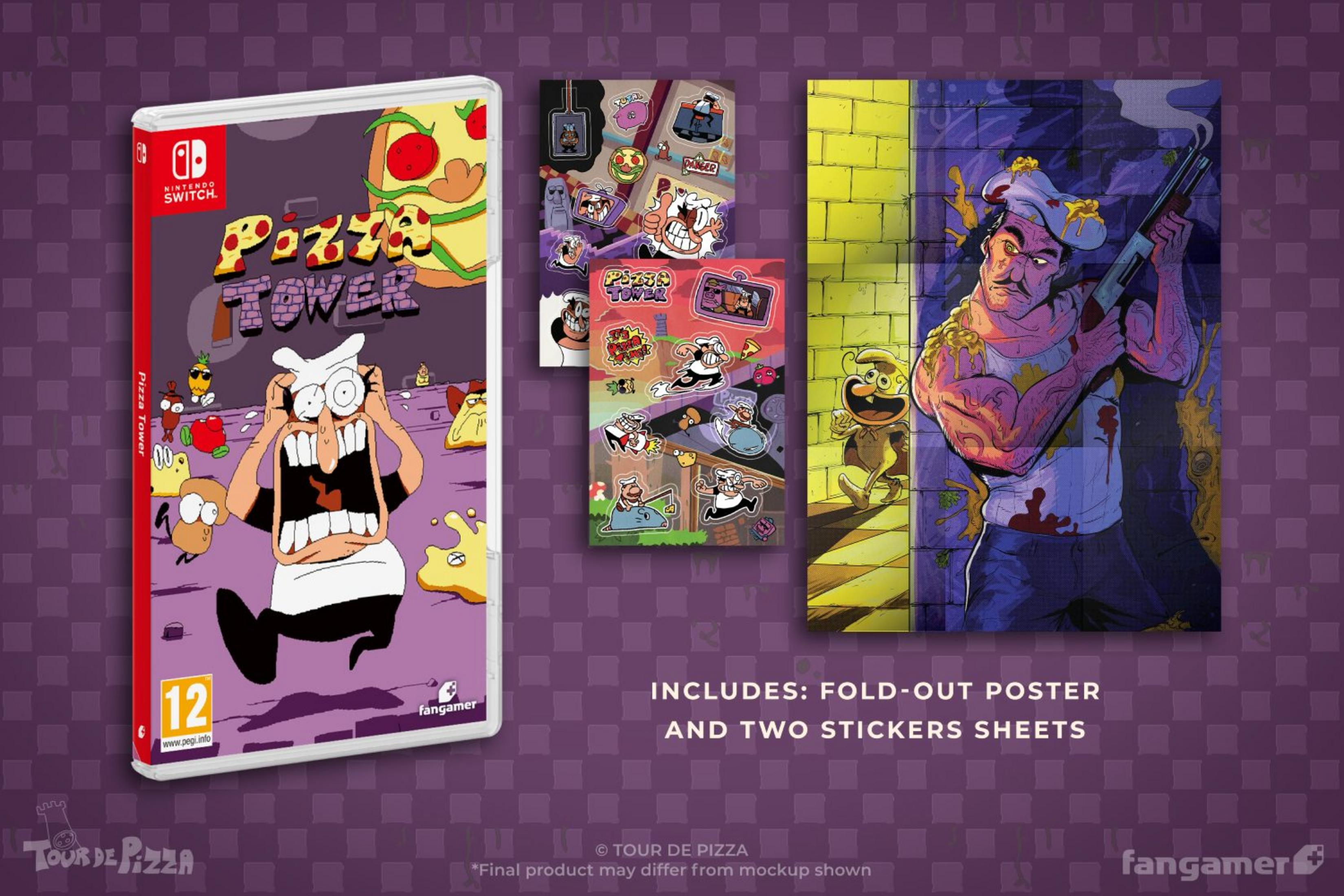 Funda del juego Pizza Tower, hojas de pegatinas y póster con personajes.