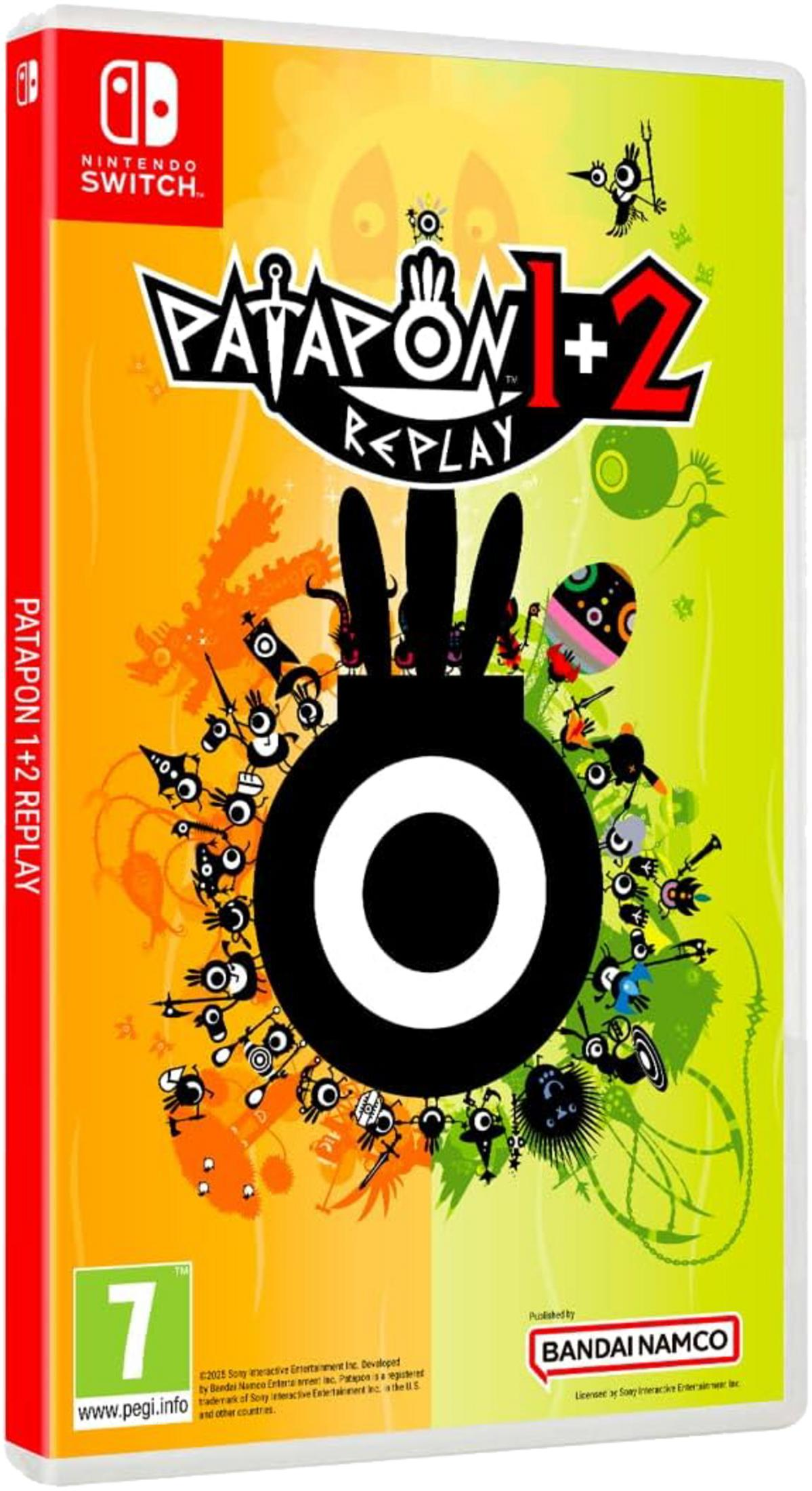 Copertina gioco Nintendo Switch Patapon 1+2 Replay, colorata con personaggi.
