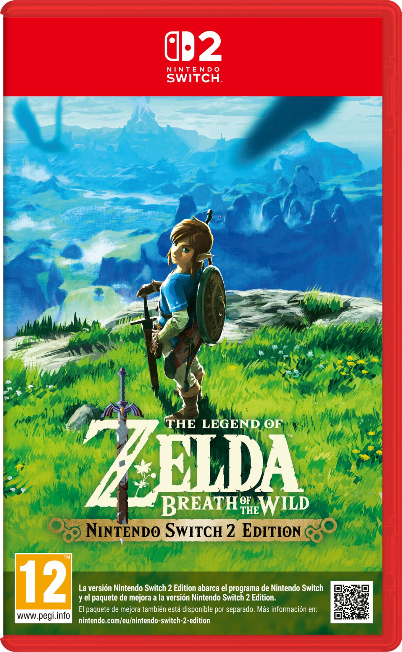 Link está en un paisaje verde ante montañas azules, sosteniendo espada y escudo.