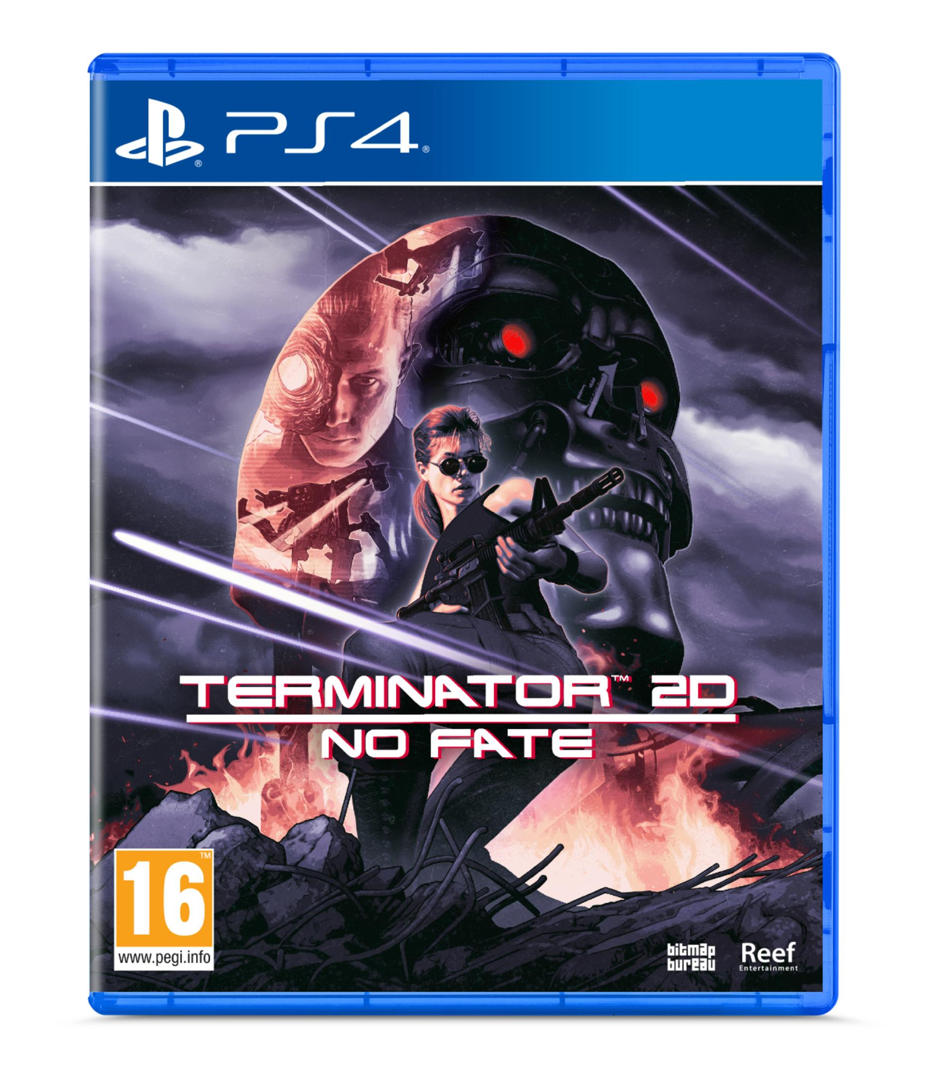 Copertina PS4: Donna con pistola davanti teschio Terminator, fuoco e detriti.