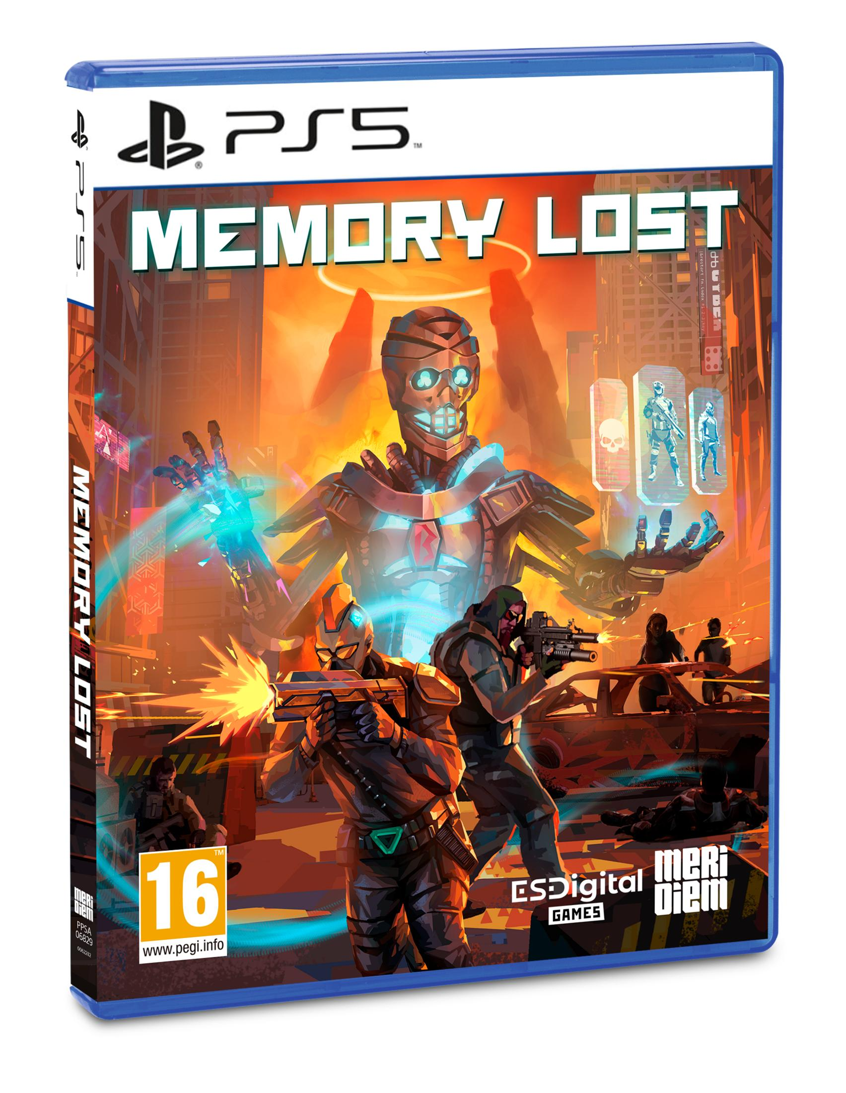 Scatola gioco PS5 'Memory Lost' con guerrieri sci-fi e un robot.