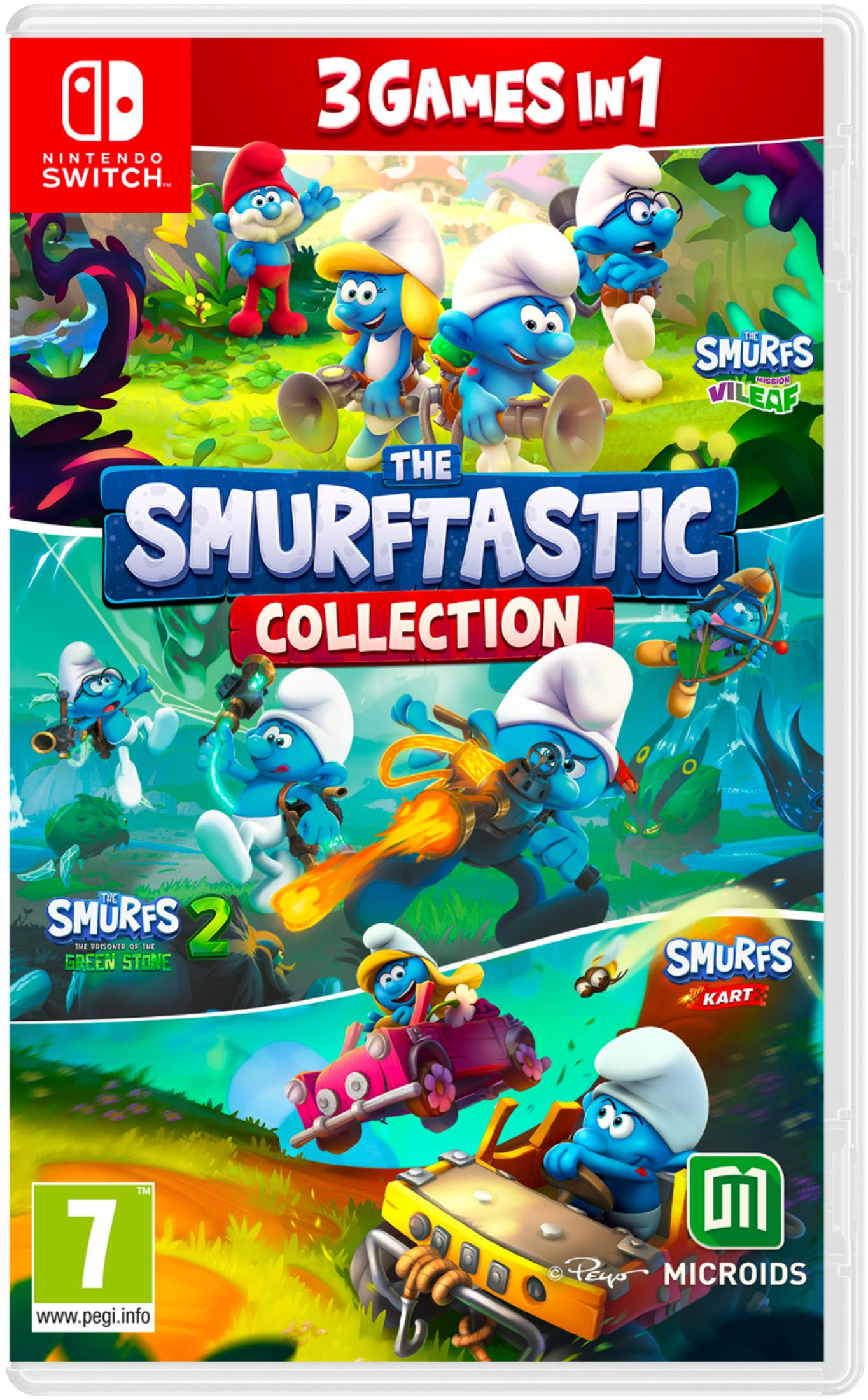 Collezione di giochi dei Puffi per Nintendo Switch con 3 giochi: Vileaf, I Puffi 2 e Kart.