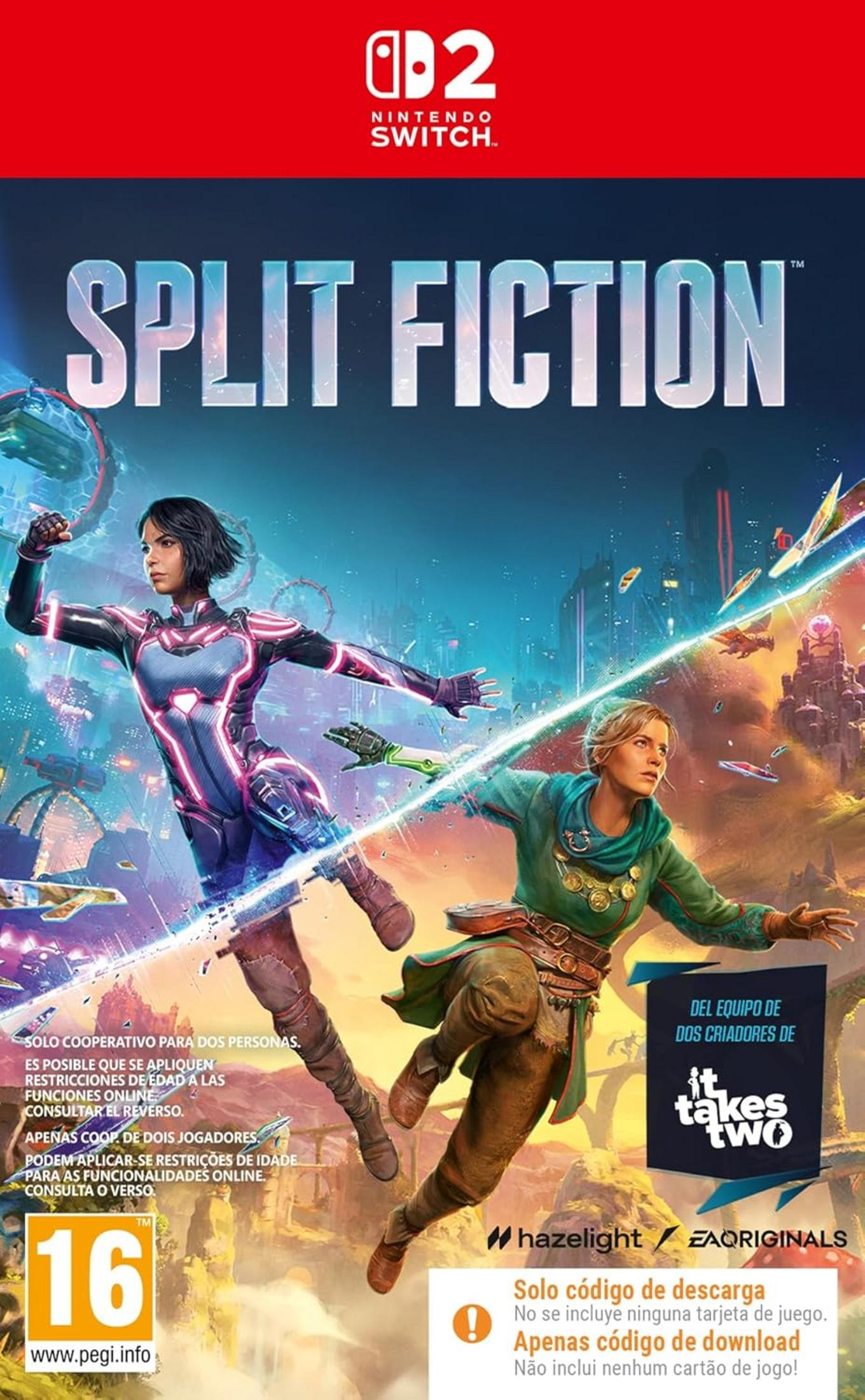 Due donne combattono in un mondo cyberpunk futuristico. Copertina gioco Nintendo Switch.