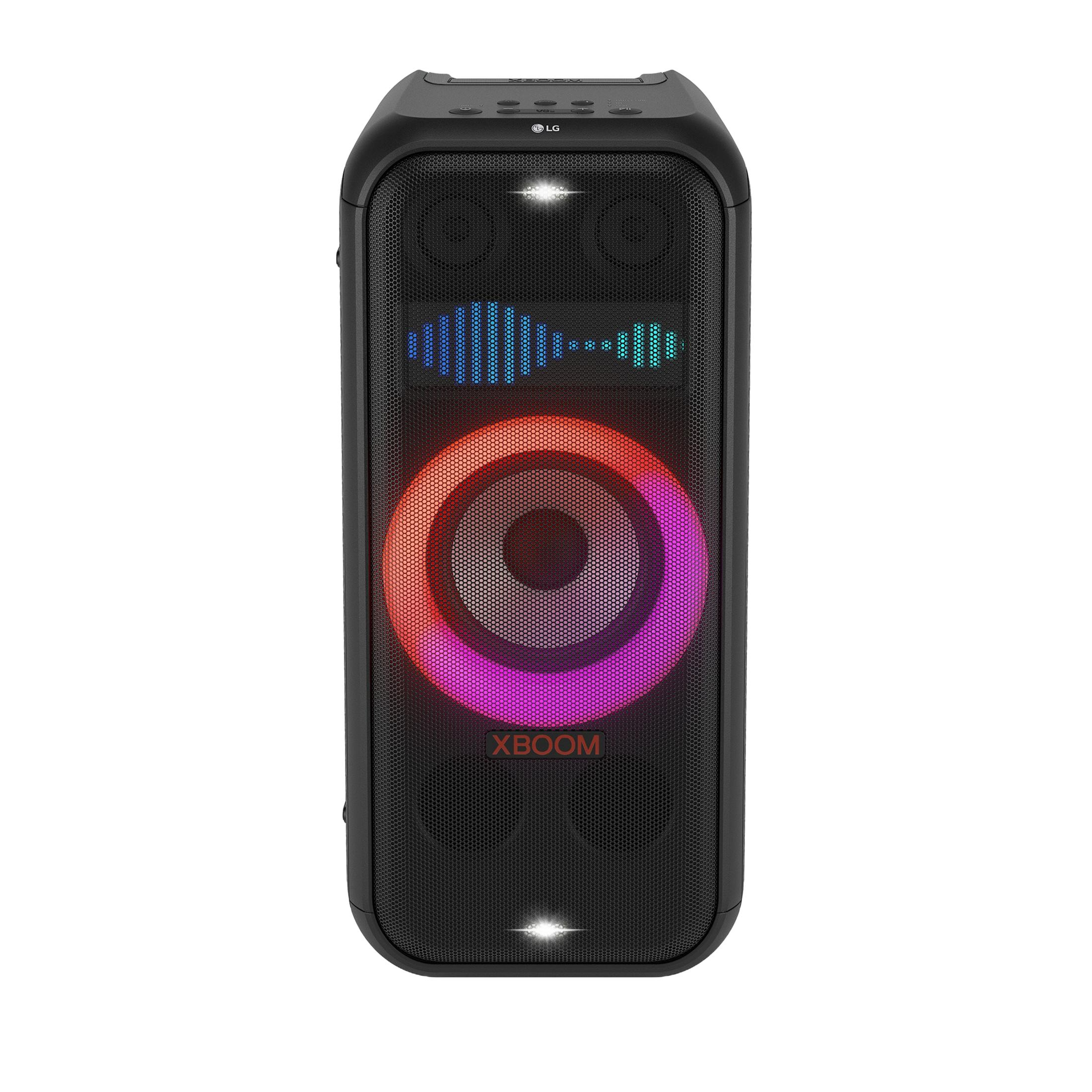 Un altoparlante nero LG XBOOM con luci colorate e misuratore di livello.