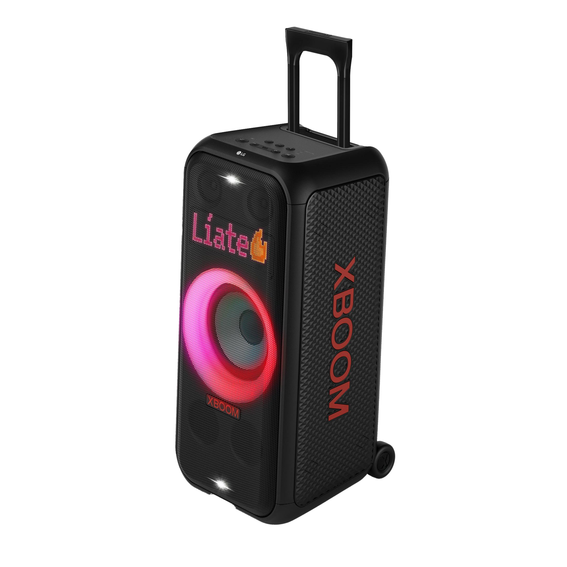 Altoparlante portatile LG XBOOM nero con maniglia estraibile e luci.