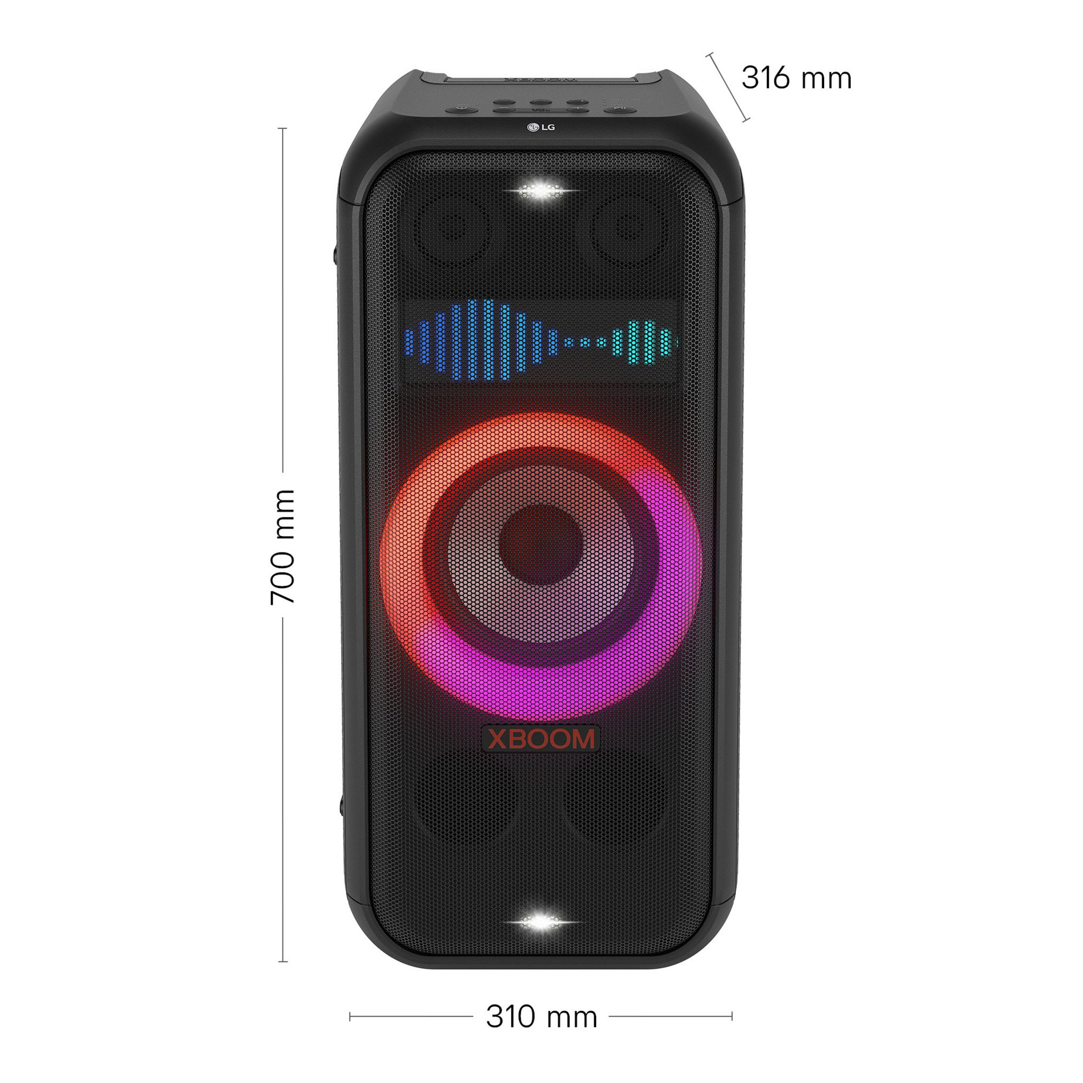 Altoparlante LG XBOOM nero con effetti luminosi. Dimensioni: H:700mm, L:316mm, P:310mm.