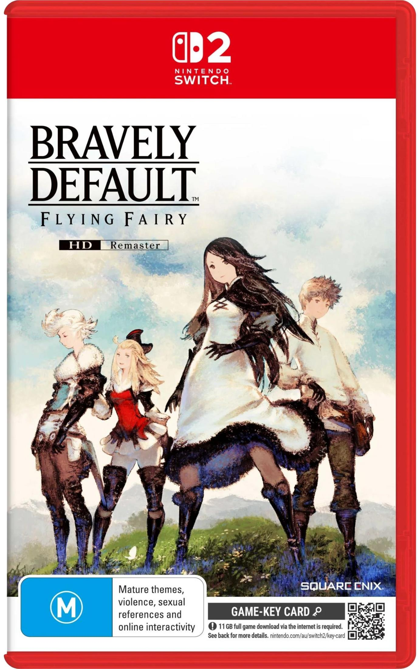 Quattro personaggi davanti a un cielo blu. Il titolo è "Bravely Default: Flying Fairy".