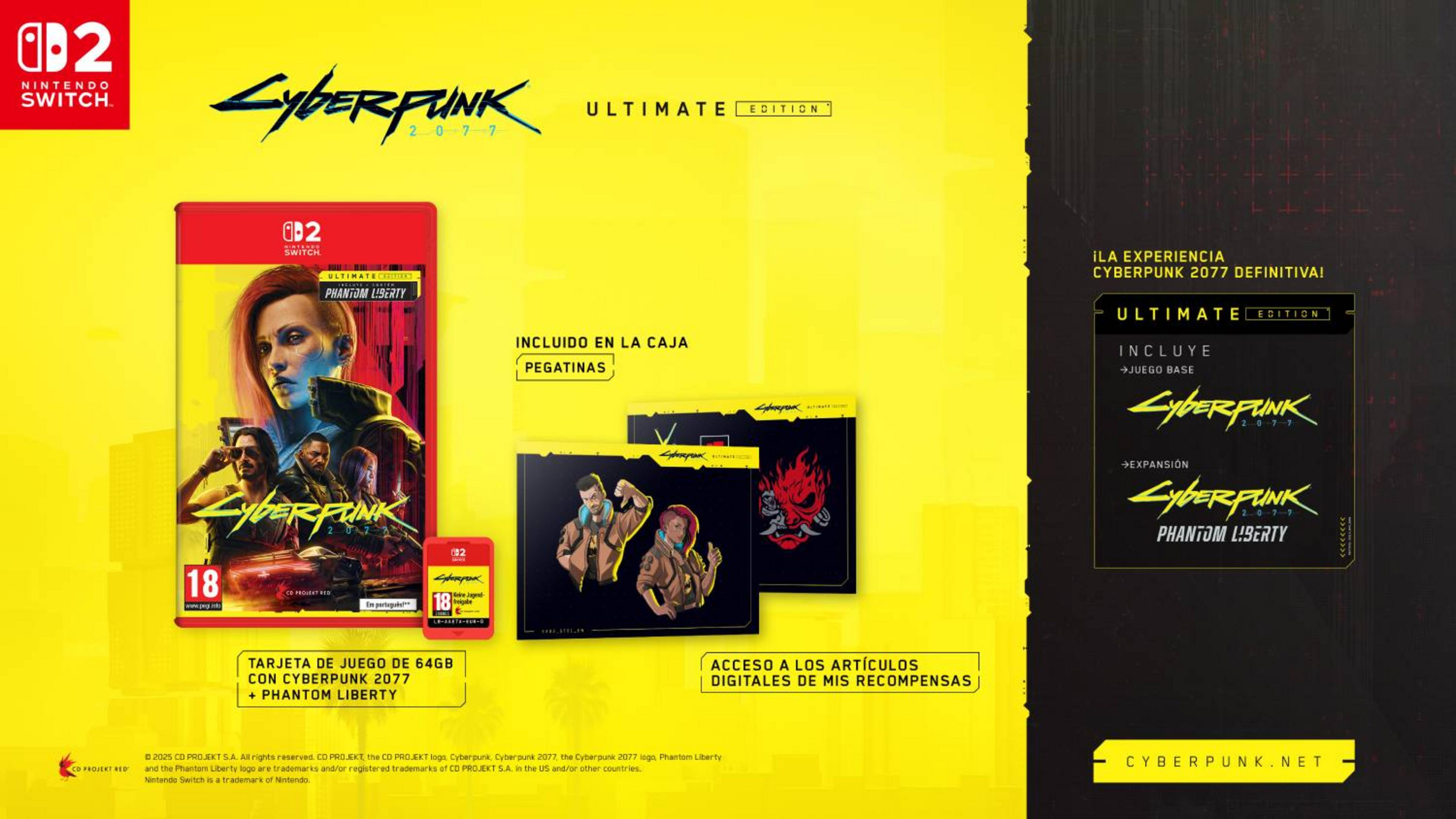 Cyberpunk 2077 Ultimate Edition para Nintendo Switch con carátula, pegatinas y contenido digital.